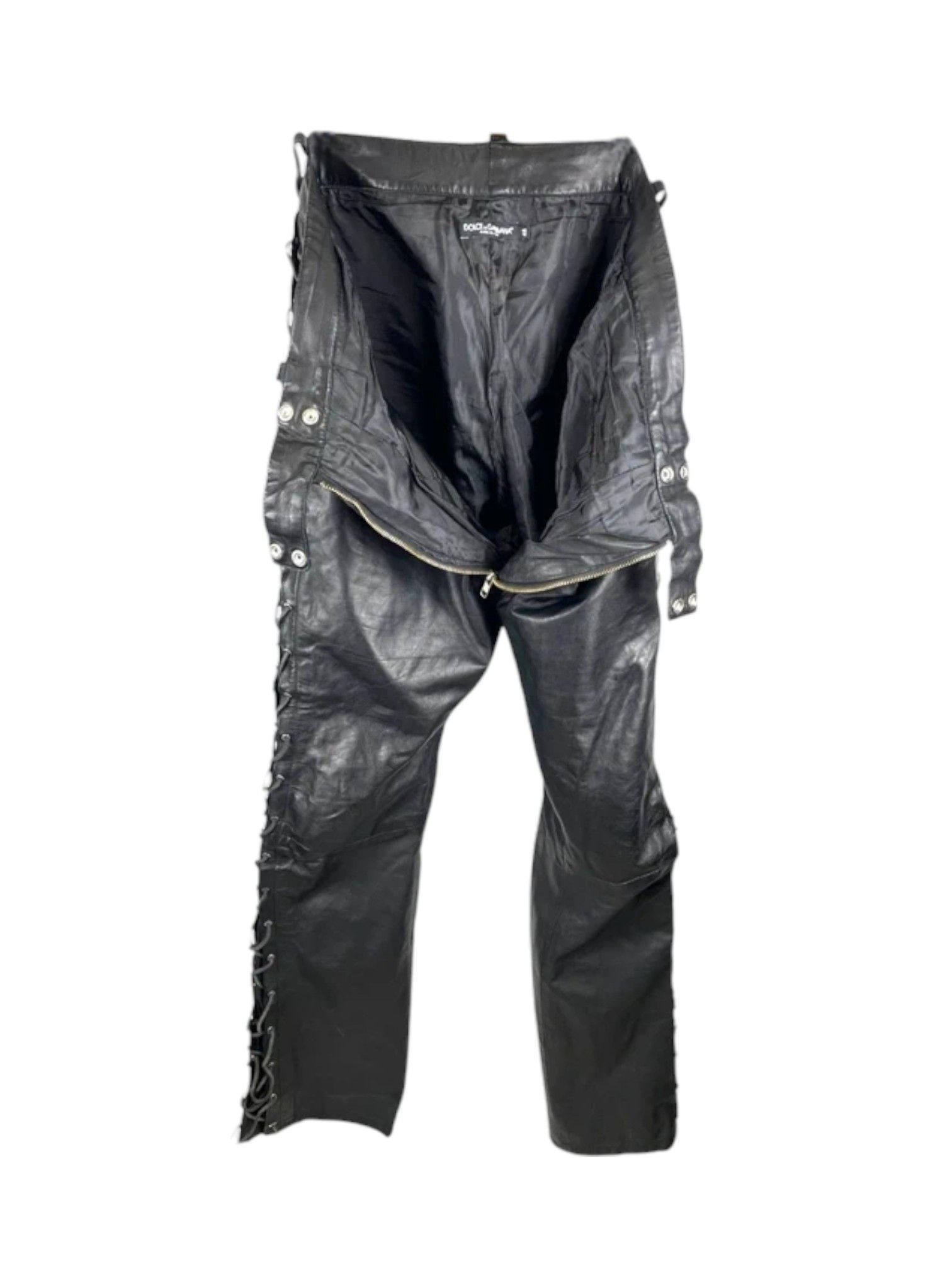 Dolce & Gabbana Dolce & Gabbana Black Leather Lace-Up Moto Trousers Size US 32 / EU 48 - 3 Thumbnail
