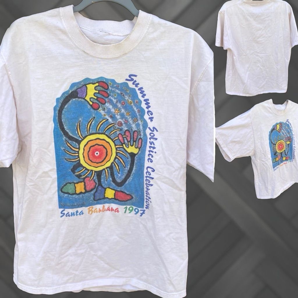 Vintage VINTAGE Summer Solstice Celebration Santa Barbara 1997 T Shirt Single Stitch Worn 1990s XL White Cotton 90s California Mens Shirts Size US XL / EU 56 / 4 - 1 Thumbnail