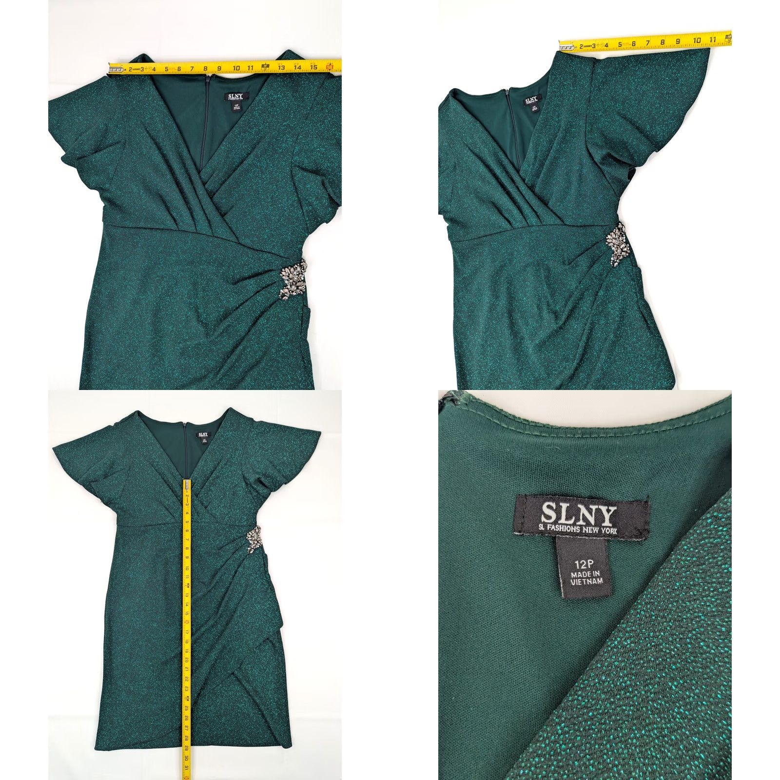 Vintage SLNY Green Glitter Metallic Sheath Dress Women 12P Surplice VNeck Flutter Sleeve Short Sleeve Giftless Size XL / US 12-14 / IT 48-50 - 8 Thumbnail