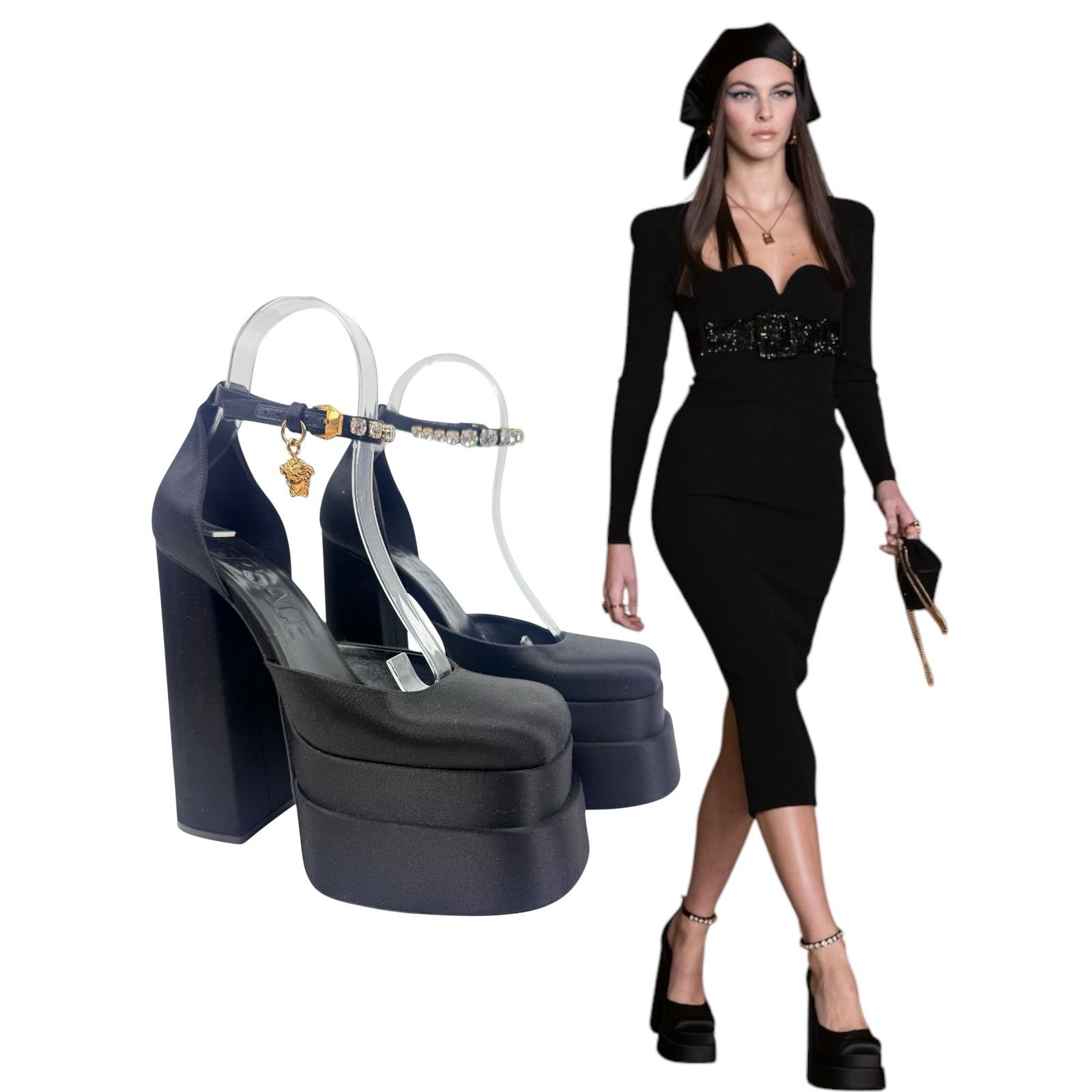 Versace Versace Aevitas Medusa Crytals Satin Platform Pumps Black Size US 8.5 / IT 38.5 - 1 Thumbnail