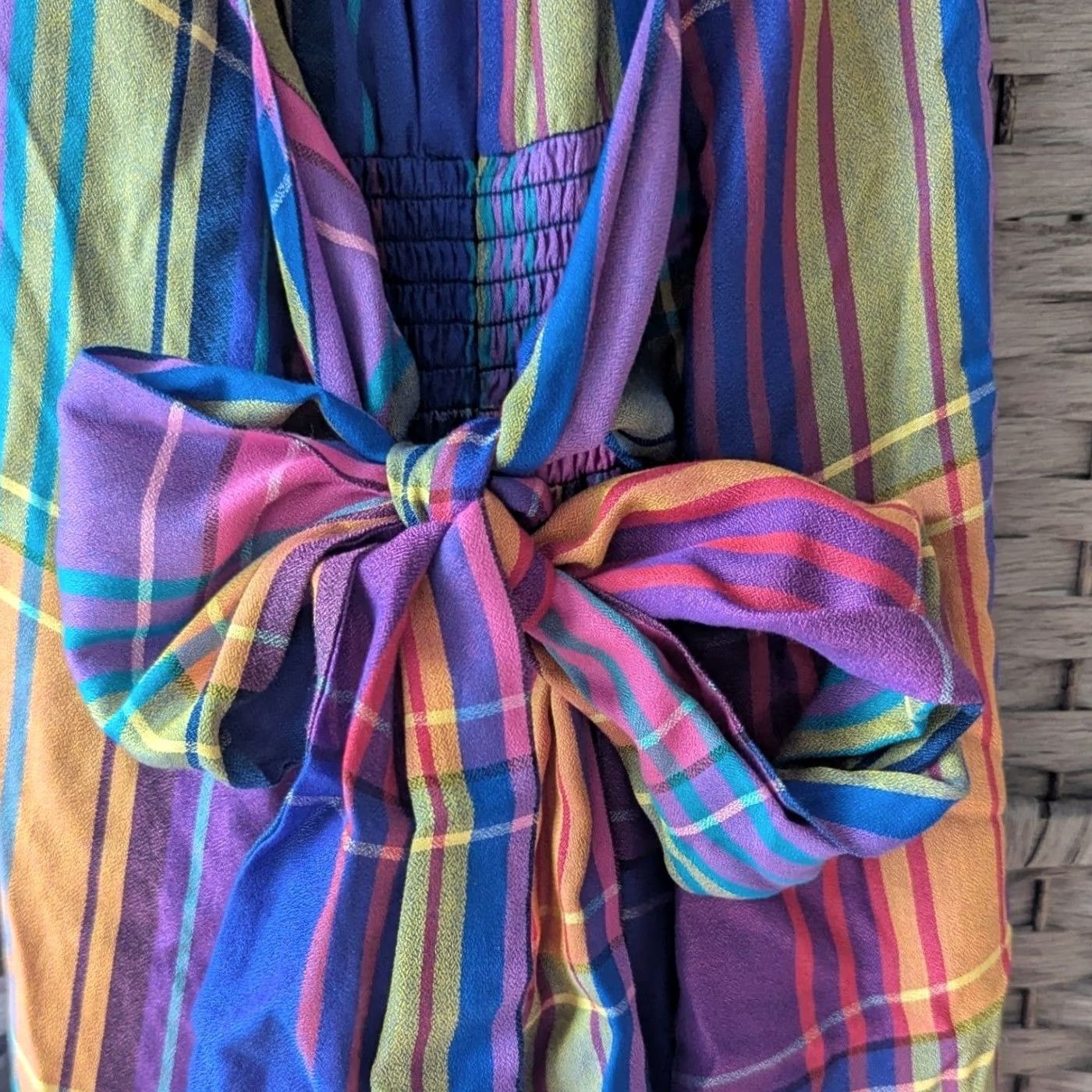 ann taylor plaid halter dress Rainbow Midi Smocked Bow Back Sz 0P Bright Preppy Womens Maxi Maxi sleeveless