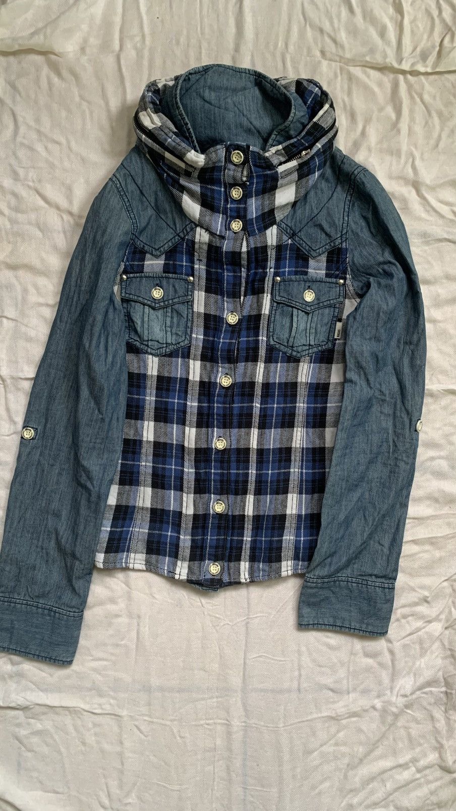 Backbone BACKS Bono Hooded Plaid Denim Shirt Size US S / EU 44-46 / 1 - 1 Thumbnail