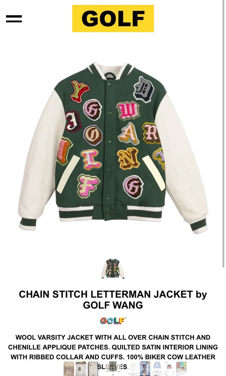 Golf Wang Golf Wang - Chain Stitch Letterman Jacket Size US XL / EU 56 / 4 - 2 Thumbnail