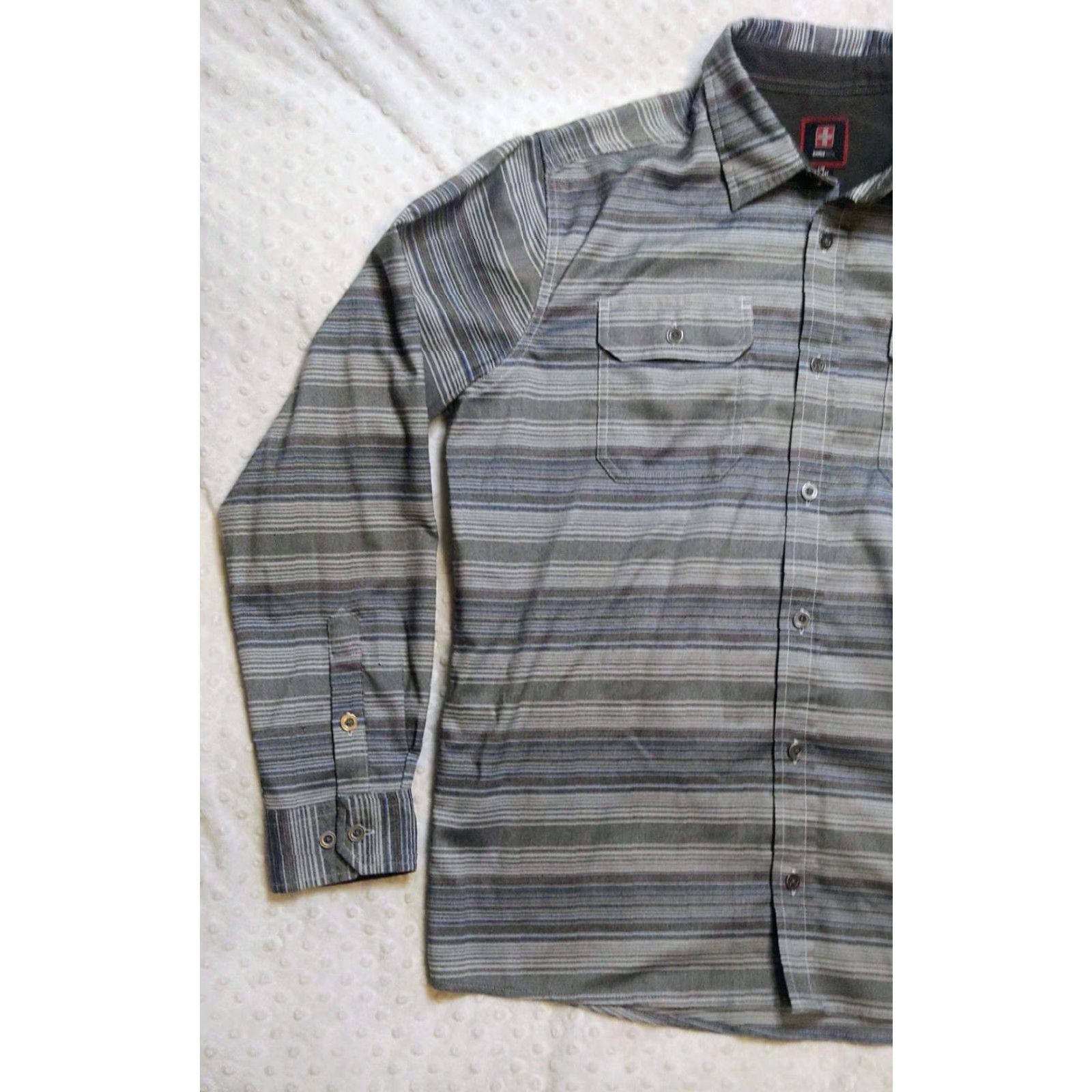 Vintage Swiss Tech Mens Shirt Large 42-44 Button Up Long Sleeve Gray Striped Casual Classic Outdoors Men L Gray Striped Button-Up Shirt Size US L / EU 52-54 / 3 - 3 Thumbnail