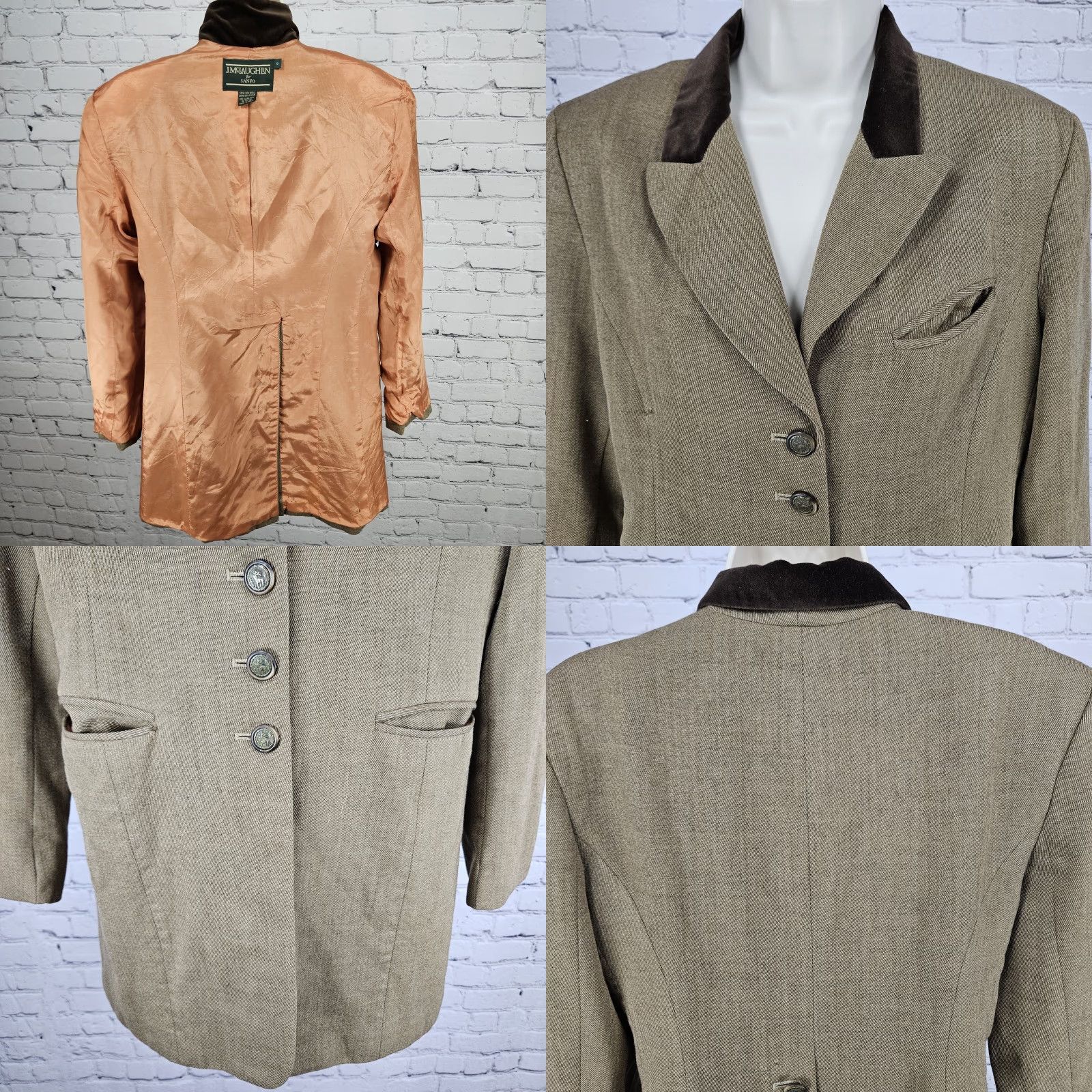 J.McLaughlin VINTAGE J. McLaughlin Jacket Women 8 Brown 100% Wool Velvet Peak Lapel Lined Buttoned Size M / US 6-8 / IT 42-44 - 8 Thumbnail
