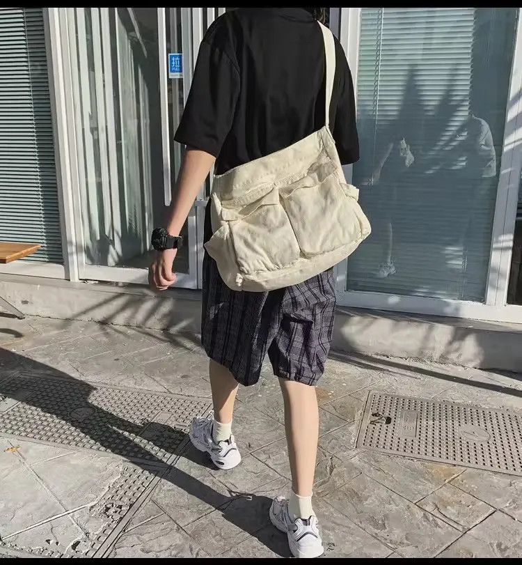 image of Solid Large Capacity Casual Canvas Shoulder Bags in White, Men's