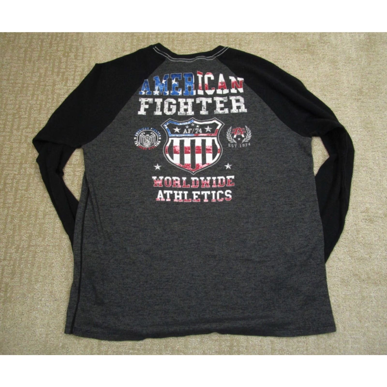 Vintage American Fighter Shirt Men 3XL Gray Raglan Long Sleeve USA Flag Waffle Size US XXL / EU 58 / 5 - 4 Thumbnail
