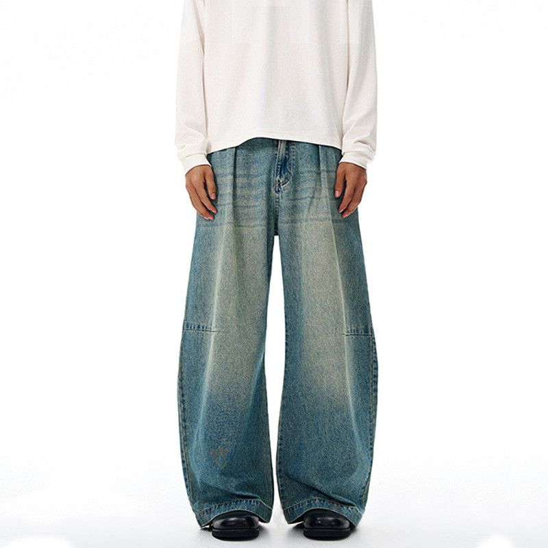 Men's loose vintage washed distressed scimitar jeans