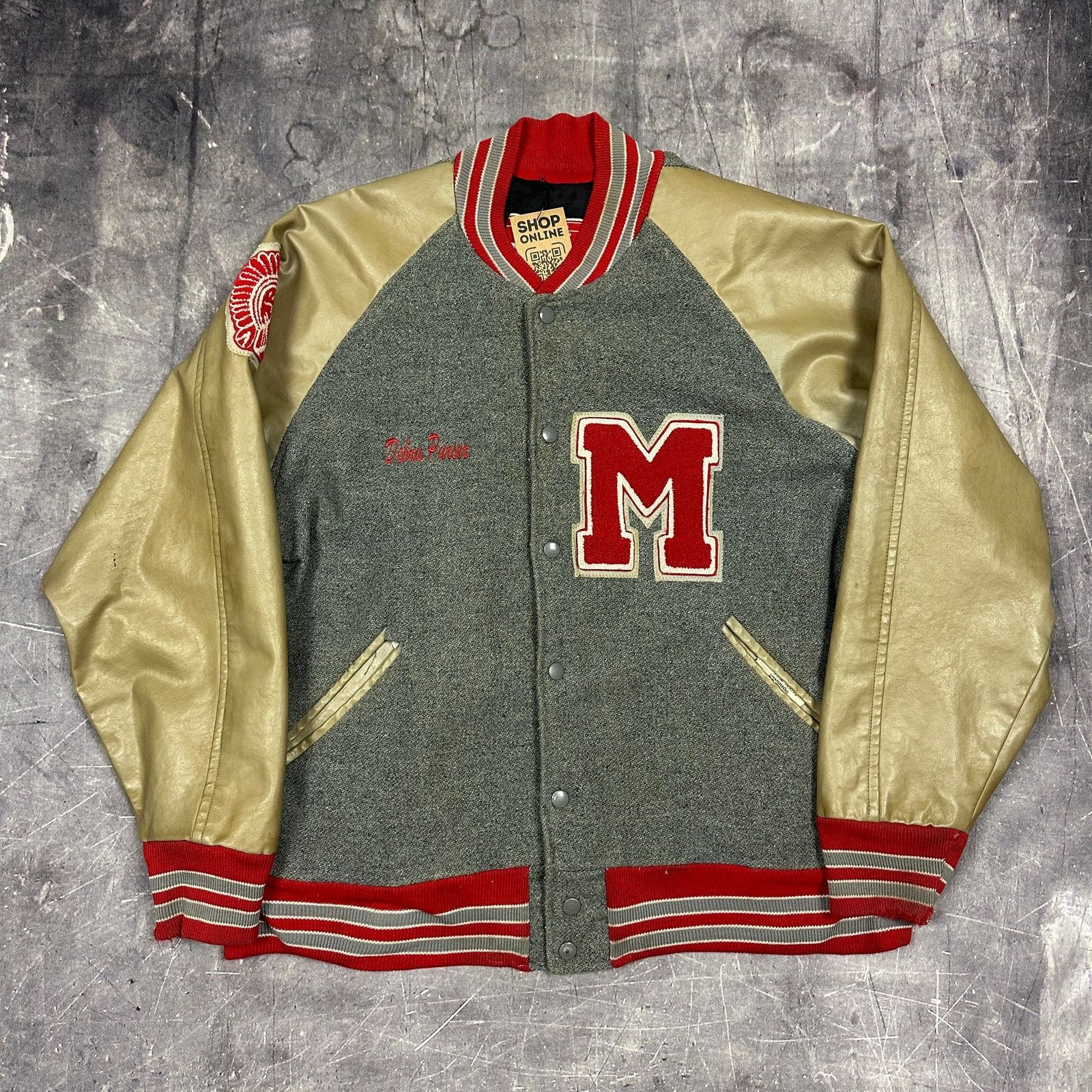80s Gray Red Tan Indian Head Letterman Varsity Jacket XL X35
