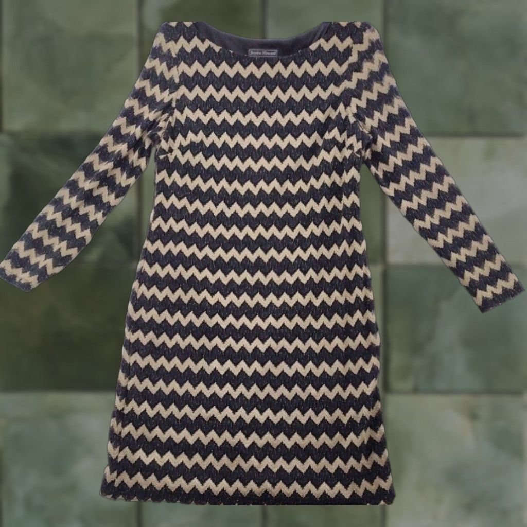 Vintage Jessica Howard Dress Womens 14 Black Zig Zag Shirt Dress Knee Length Long Sleeve Scoop Neck Size XL / US 12-14 / IT 48-50 - 1 Thumbnail