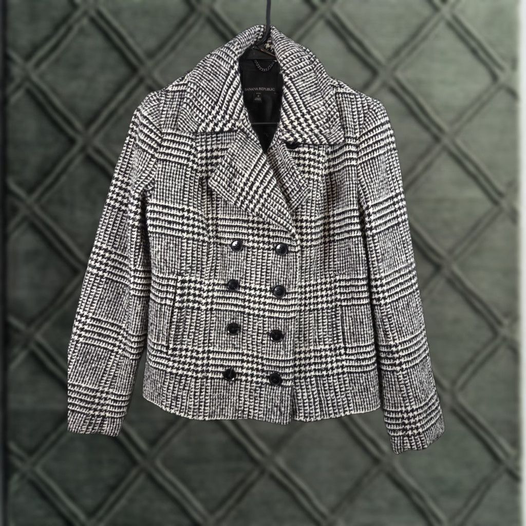 VINTAGE Banana Republic Womens Coat Houndstooth Wool Blend Double Breast Crop Swing Preppy Winter Fall Womens 4 Black