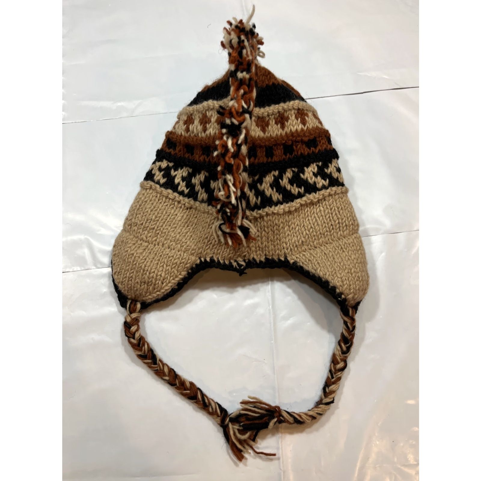 Vintage VINTAGE Brown tan WOOL knit HAT ear flaps BRAIDED MOHAWK Long Knit Hang Ties 3D Tribal Size ONE SIZE - 5 Thumbnail