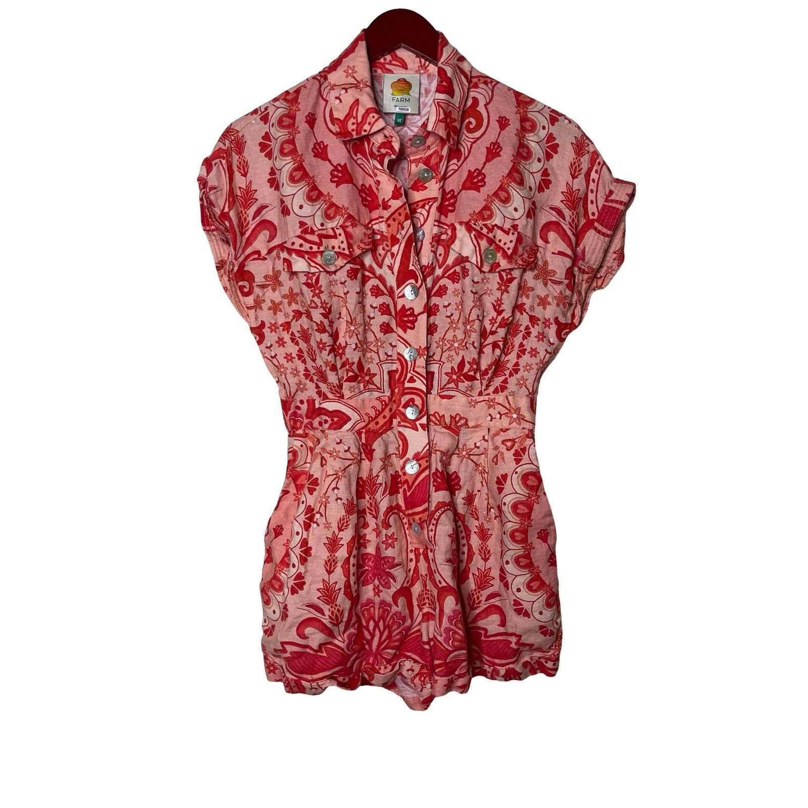 Farm Rio Farm Rio Jaipur Red Mini Linen Romper sz XS Size 24" / US 00 / IT 34 - 1 Thumbnail