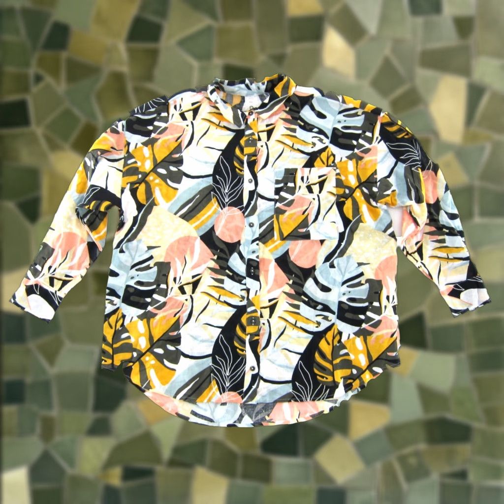 Vintage CALIA Blouse Shirt 2XL NWT Linen Rayon Green Floral Oversized Long Sleeve Button Up Women's Casual International Beach 90s Size XXL / US 16-18 / IT 52-54 - 1 Thumbnail