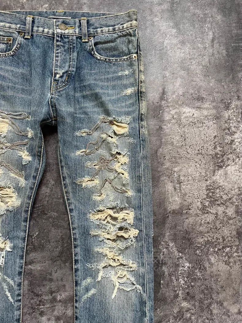 Saint Laurent Paris Saint Laurent Paris Blue Washed Destroyed Chain Link Denim Size US 29 - 4 Thumbnail
