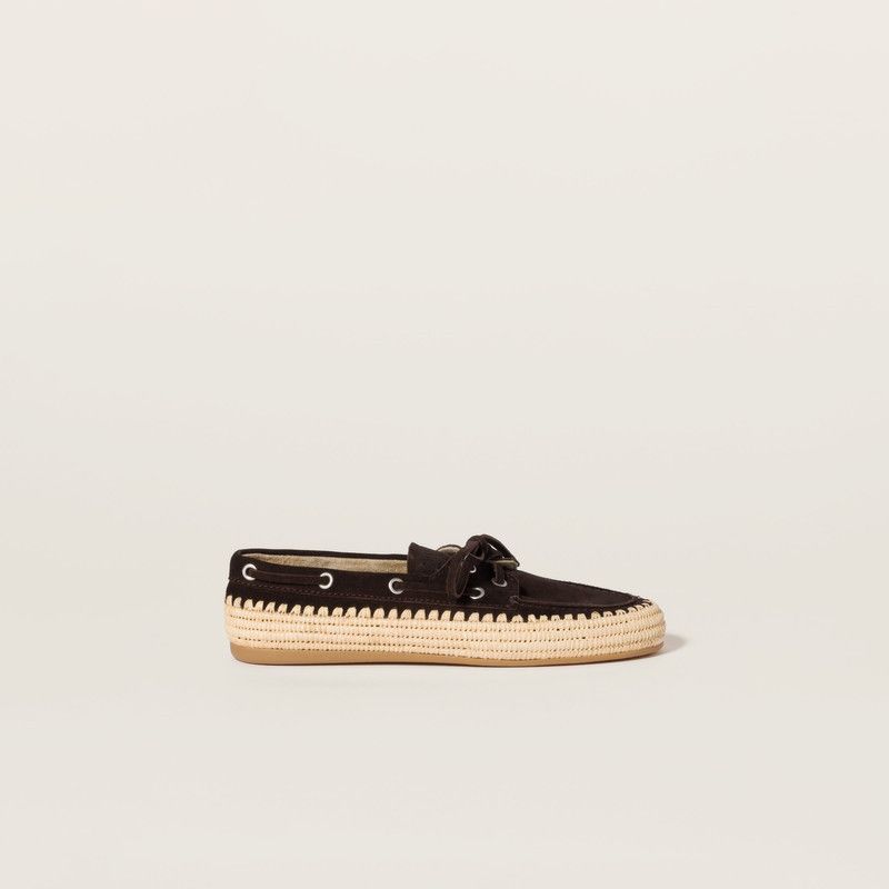 Miu Miu o1B3y1r0526 Suede And Raffia Boat Shoes in Brown Size US 9 / IT 39 - 1 Thumbnail