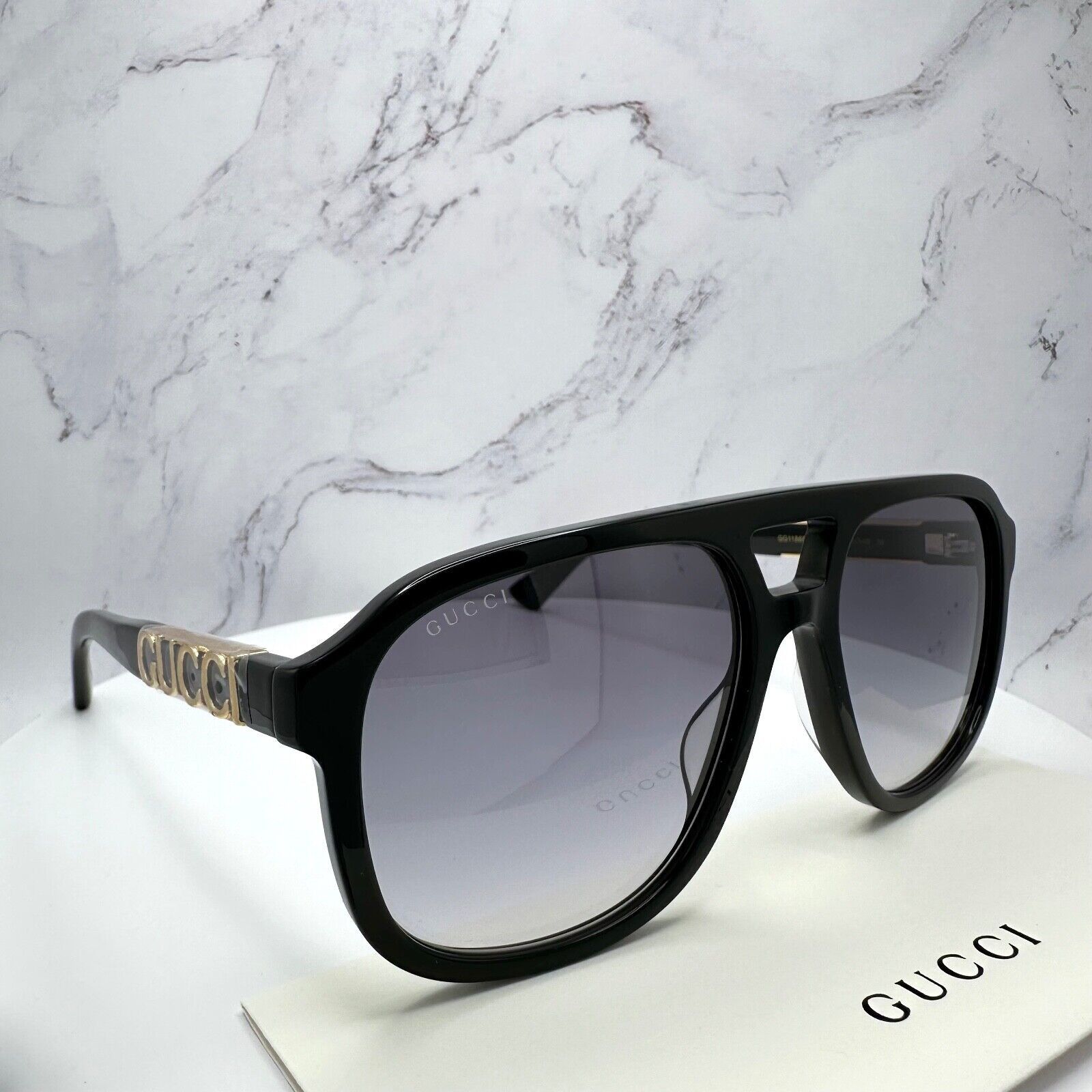 New Gucci Sunglasses Black Pilot Aviator 58mm Navigator Gold
