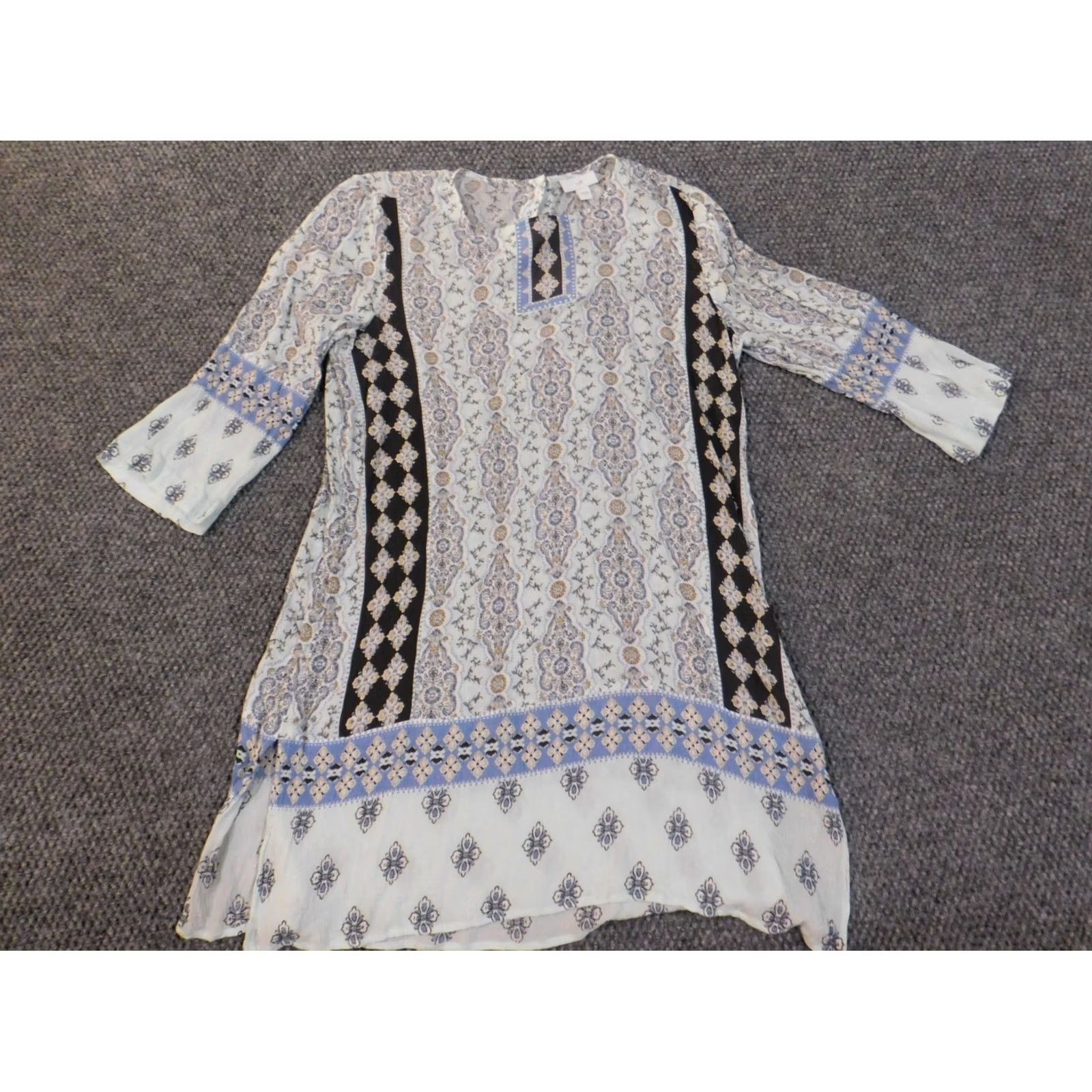 J. Jill J. Jill Blouse Tunic Shirt Women S Blue Geometric Geometric Pattern Rayon Slit Cap Sleeve Casual Regular Couture Theme Vintage No Size S / US 4 / IT 40 - 2 Thumbnail