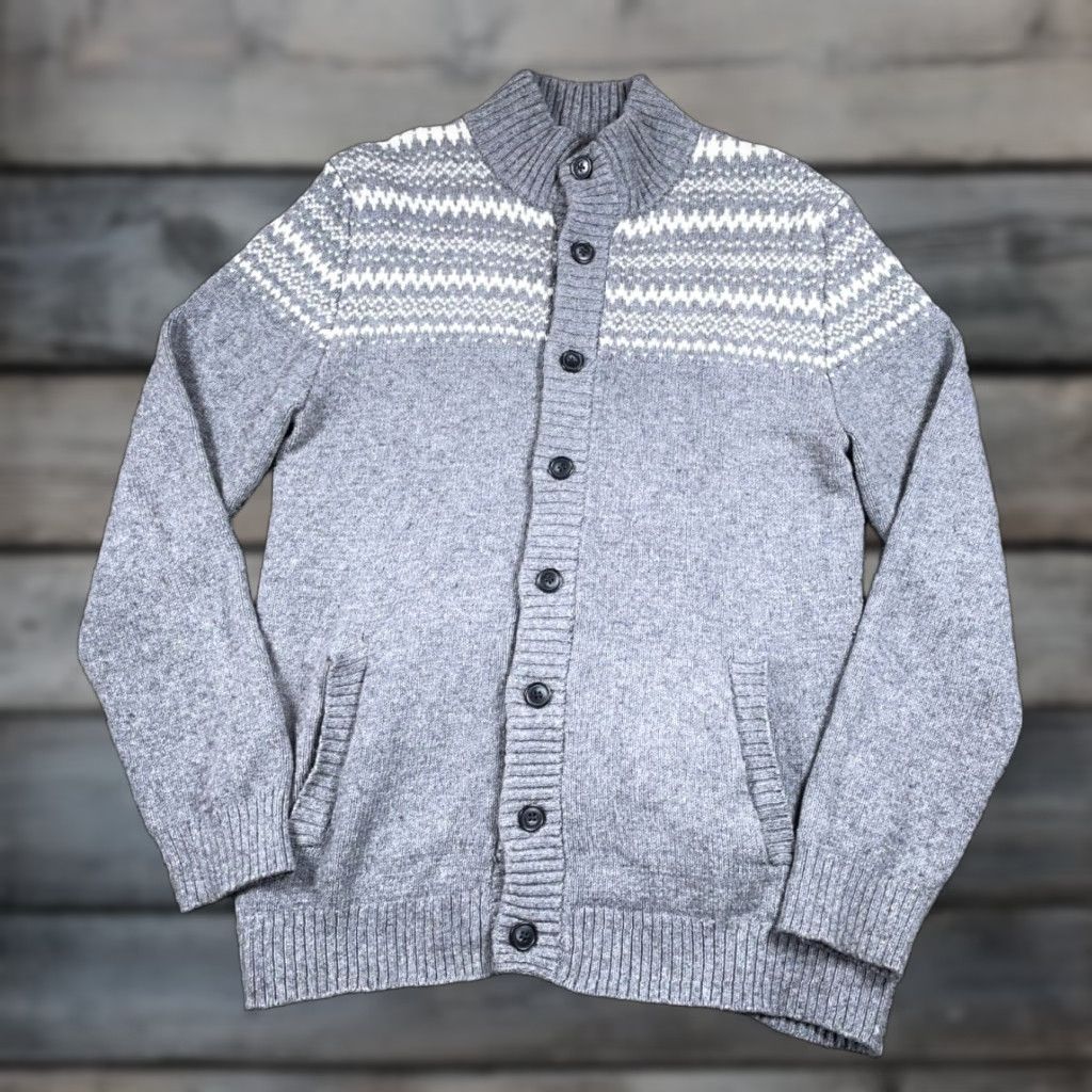 Old Navy Old Navy Cardigan Sweater Adult Large Gray Fair Isle Mock Neck Heavyweight Knit Pre-owned Mens Size US L / EU 52-54 / 3 - 1 Thumbnail