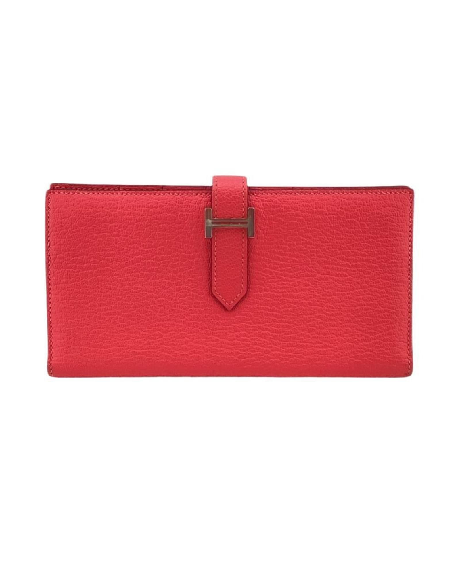 image of Hermes Elegant Pink Leather Bi-Fold Long Wallet, Women's