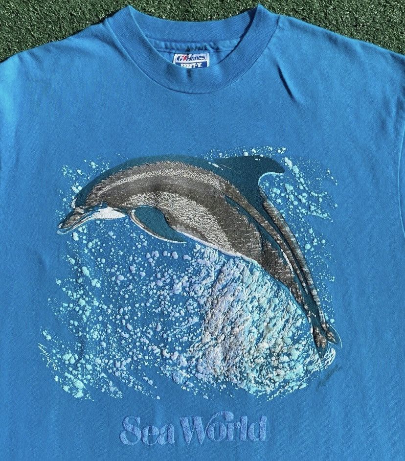 Hanes Vintage 80s Dolphin Sea World Raised Graphic T-Shirt Womens Size M / US 6-8 / IT 42-44 - 2 Thumbnail