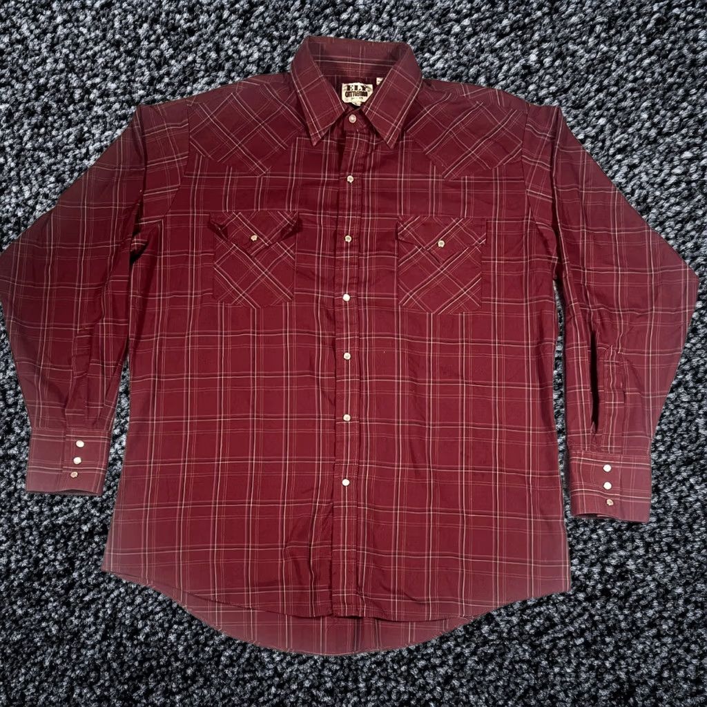 Ely Cattleman Shirt Men Large Red Plaid Long Sleeve Pearl Snaps Pockets Casual Western Classic Mens, Men's