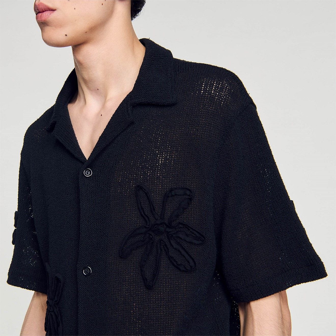 Sandro Black Floral Knit Short Sleeve Shirt Size US XL / EU 56 / 4 - 3 Thumbnail