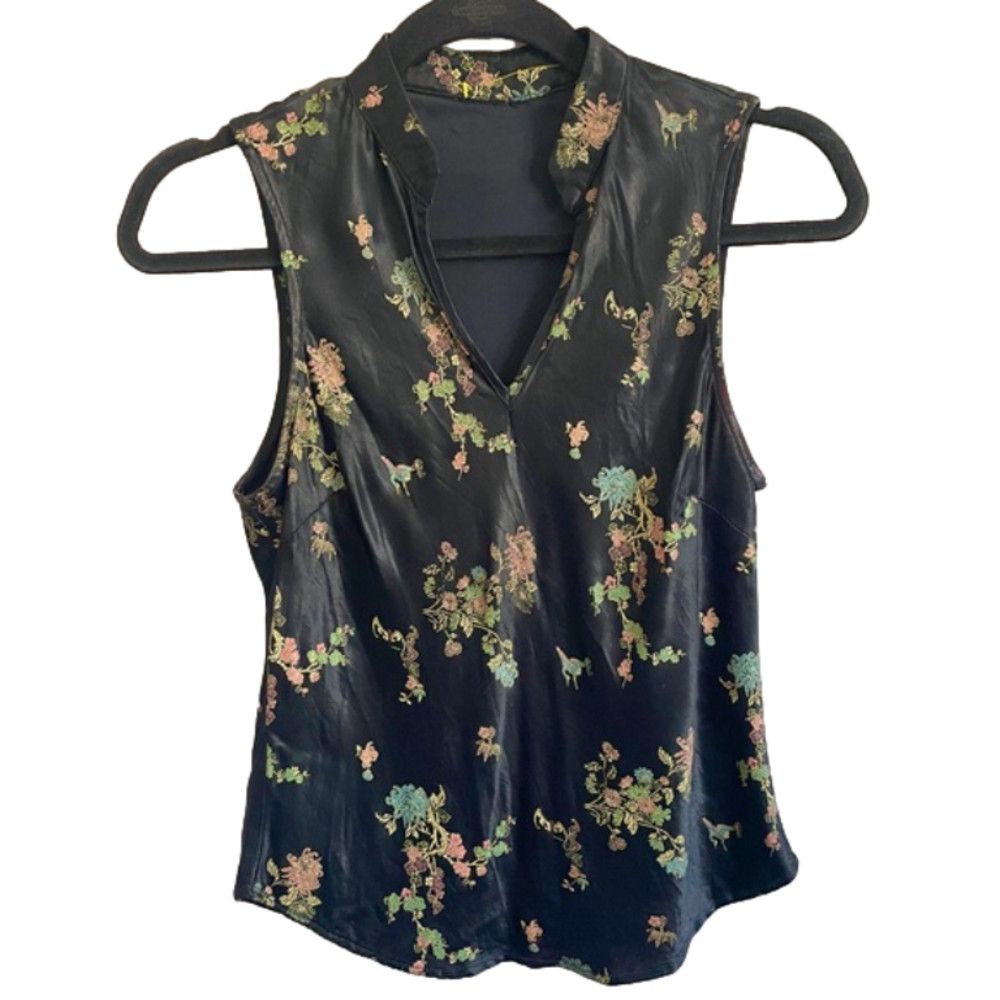 Vintage Vintage 90s Y2K Black Floral Brocade Chinese Bias Satin Top Size XS / US 0-2 / IT 36-38 - 7 Thumbnail