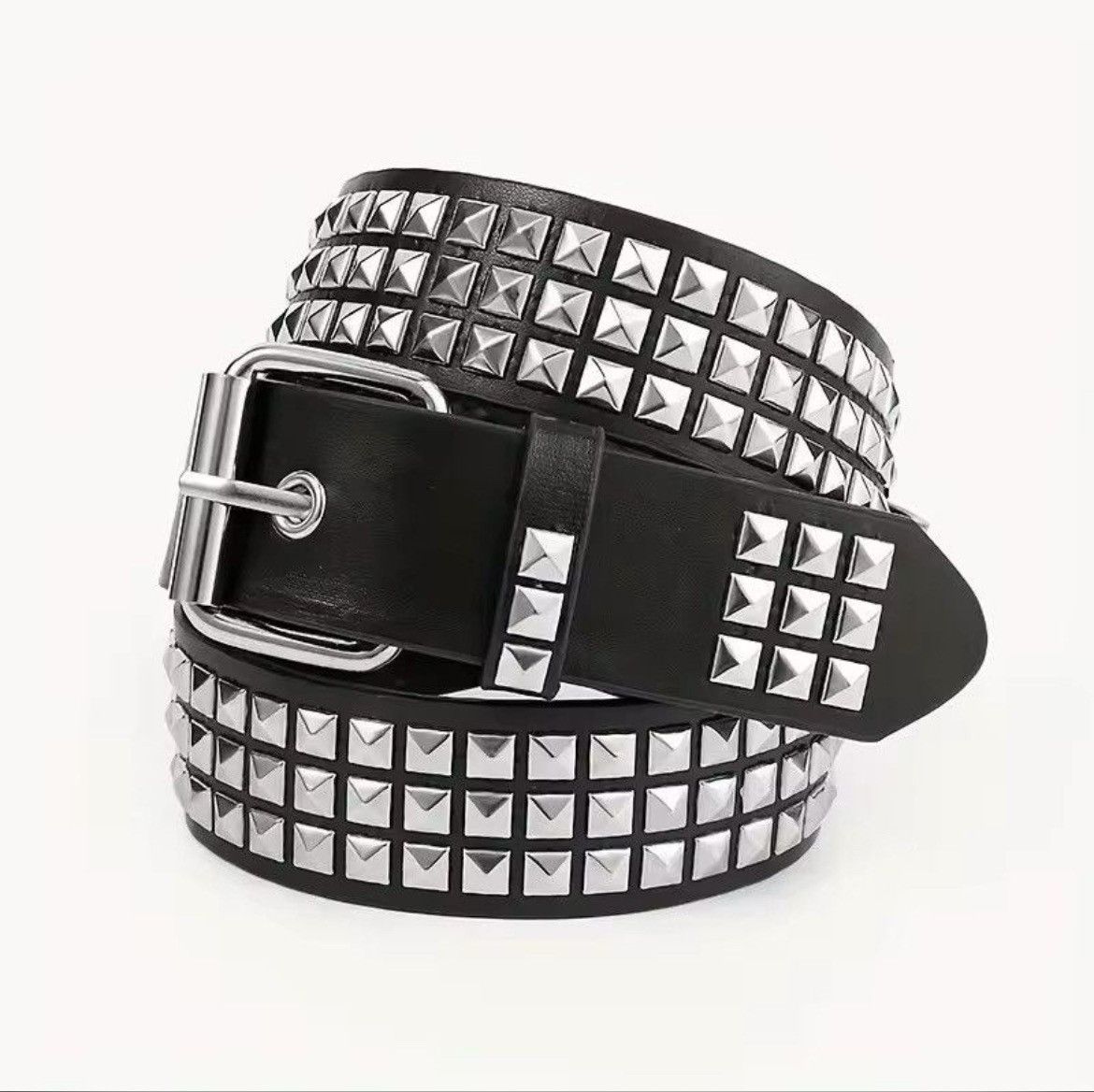 Leather 110cm Rivet Pyramid Studded PU Leather Belt Size ONE SIZE - 8 Thumbnail