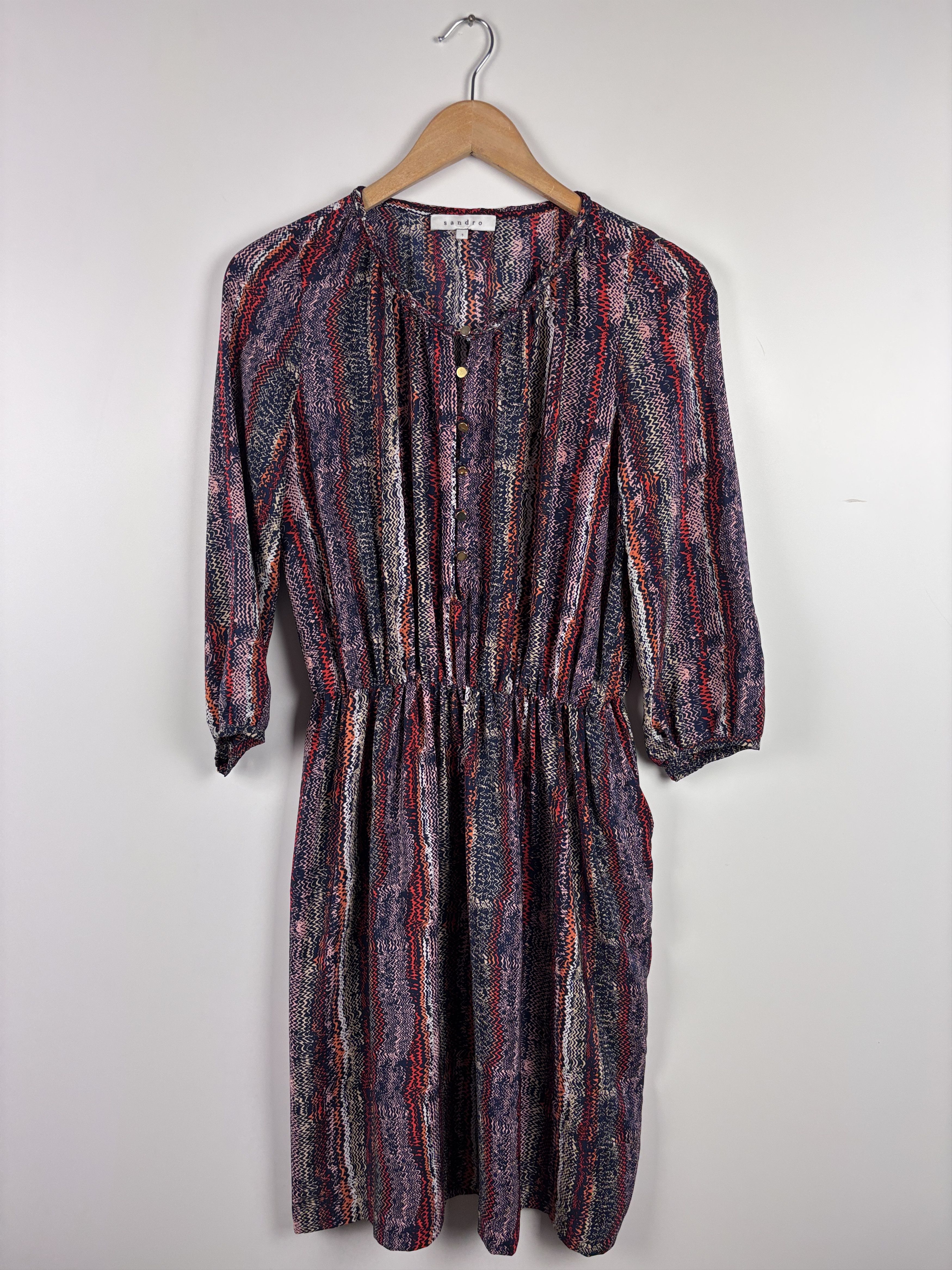 Sandro Sandro Silk Zigzag Pattern Long Sleeve Dress Elastic Waist 1 Size S / US 4 / IT 40 - 1 Thumbnail