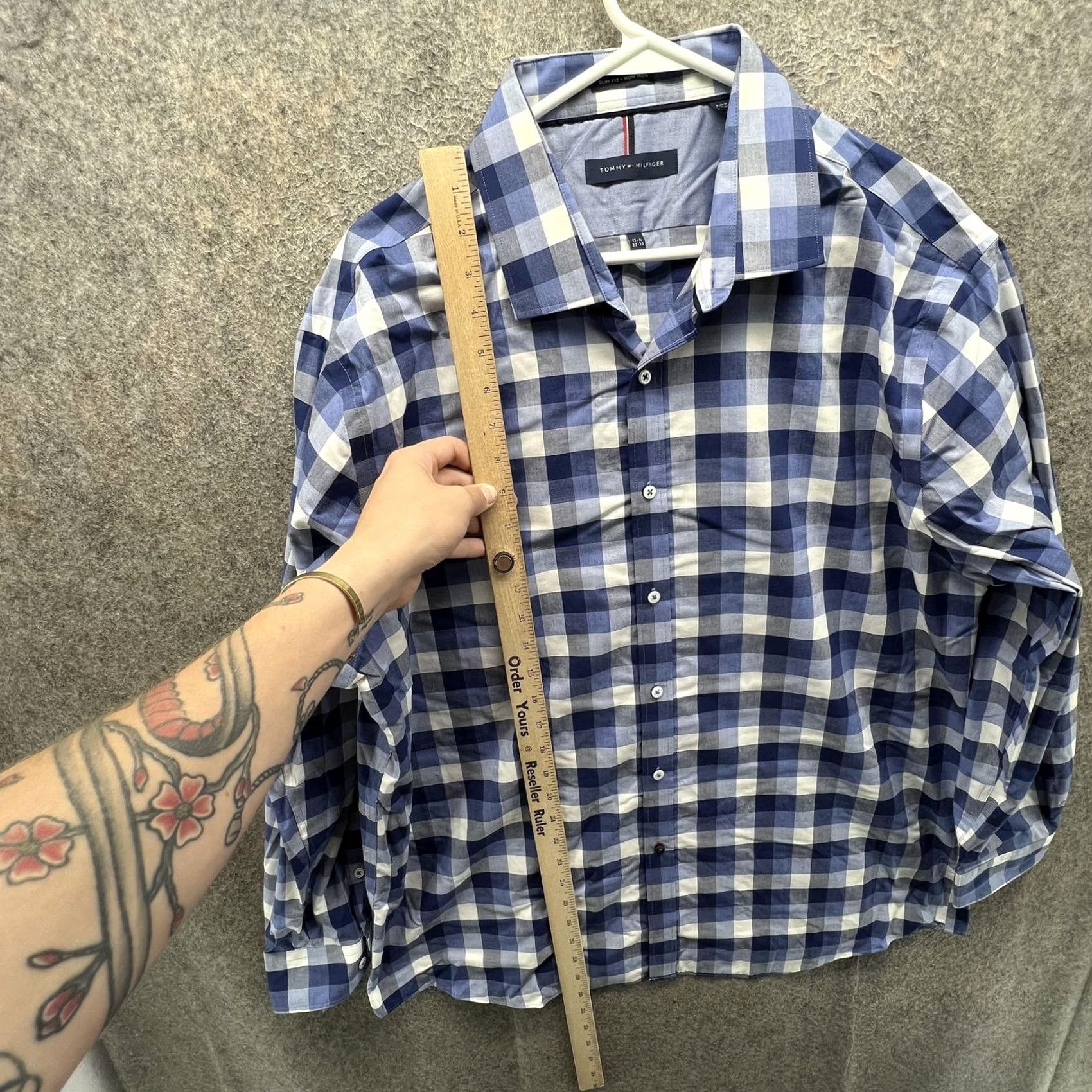 Tommy Hilfiger Tommy Hilfiger Dress Shirt Mens 17.5 32/33 Blue Check Slim Non Iron Long Sleeve Shirt Size 48R - 4 Thumbnail