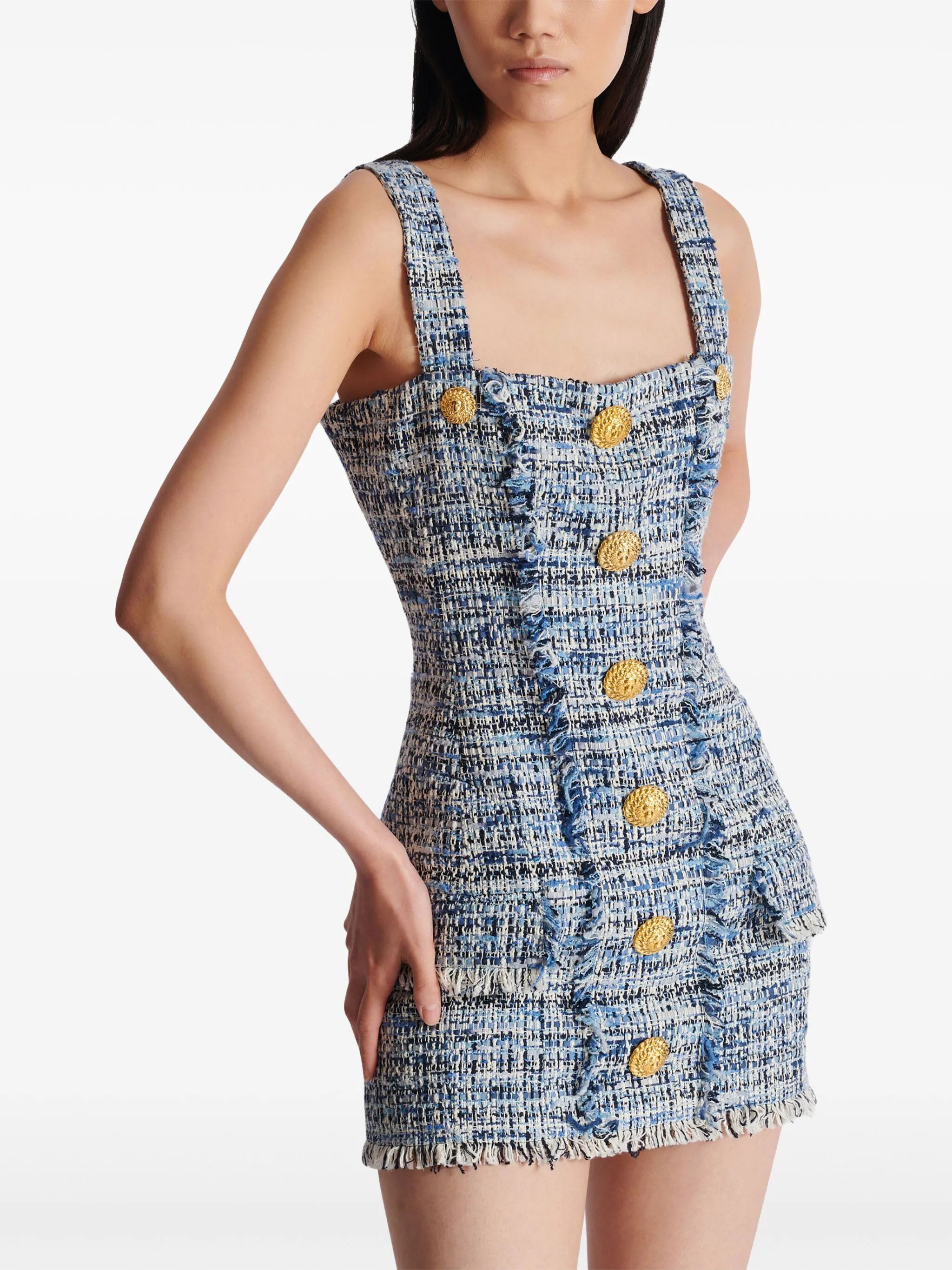 Balmain o1srvl11e1125 Tweed Mini Dress in Blue/Grey Size XS / US 0-2 / IT 36-38 - 6 Thumbnail