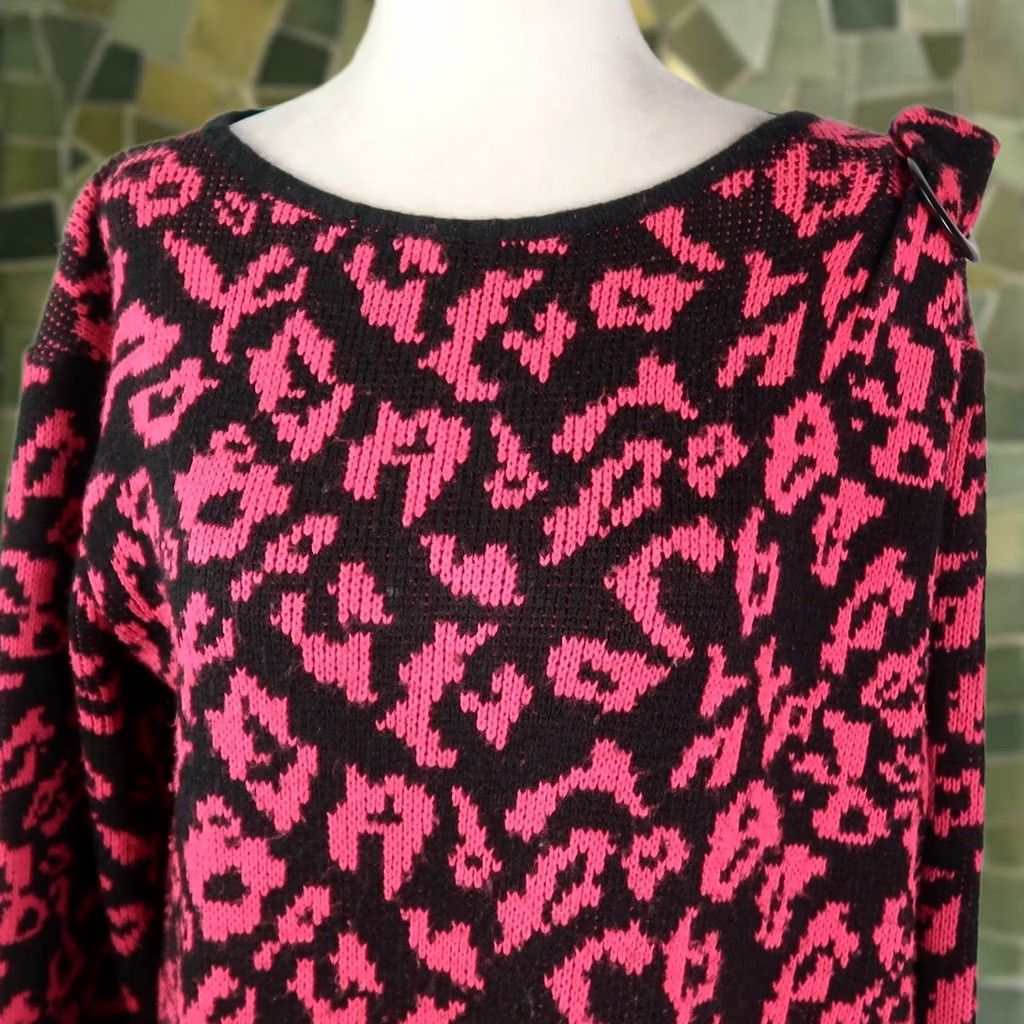 Vintage VINTAGE Darian Pink Black Leopard Print Knit Sweater Dress L Womens Long Sleeve 80s 90s Casual Party/Cocktail Knee Length Acrylic Knit Size L / US 10 / IT 46 - 1 Thumbnail