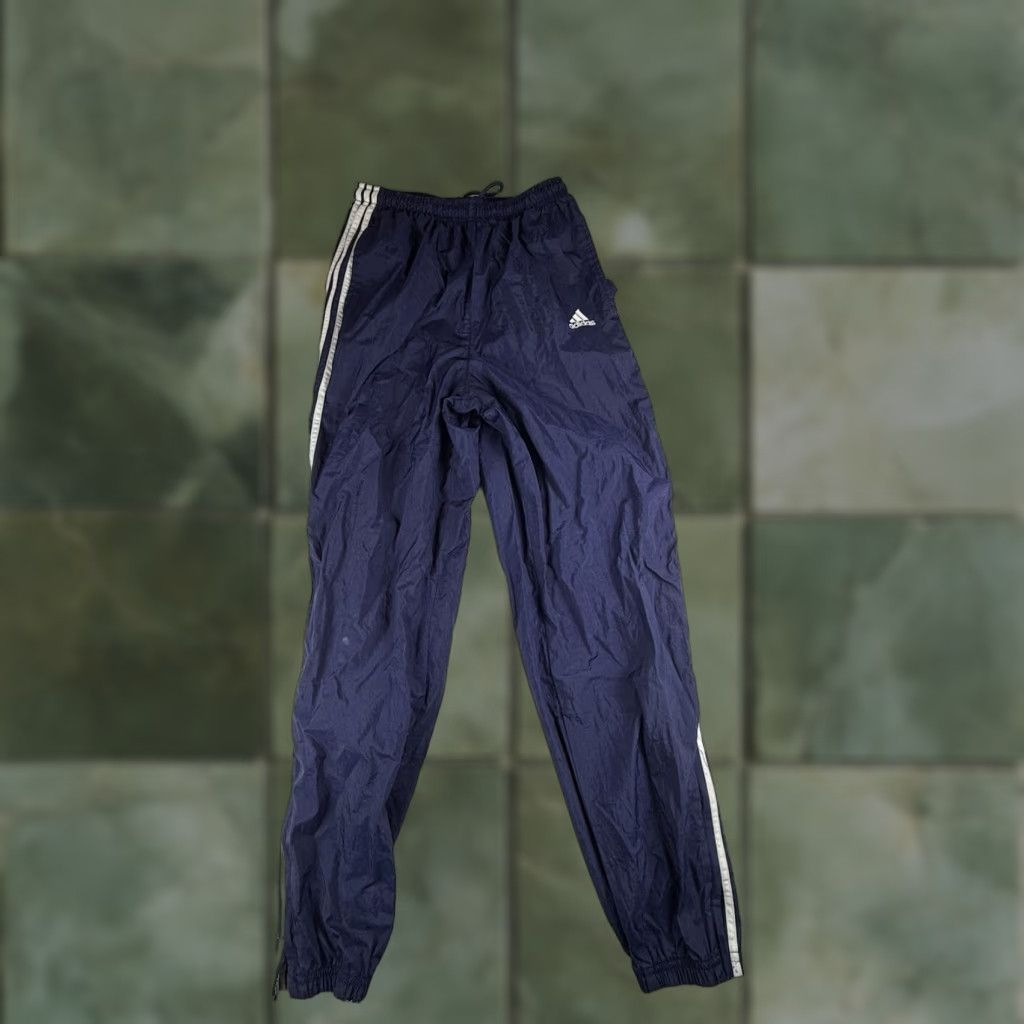 Adidas Adidas Track Pants Mens Medium Navy Blue 90s VTG Nylon Windbreaker Straight Leg Zippered Cuff Elastic Waistband Drawstring Activewear Size US 31 - 1 Thumbnail
