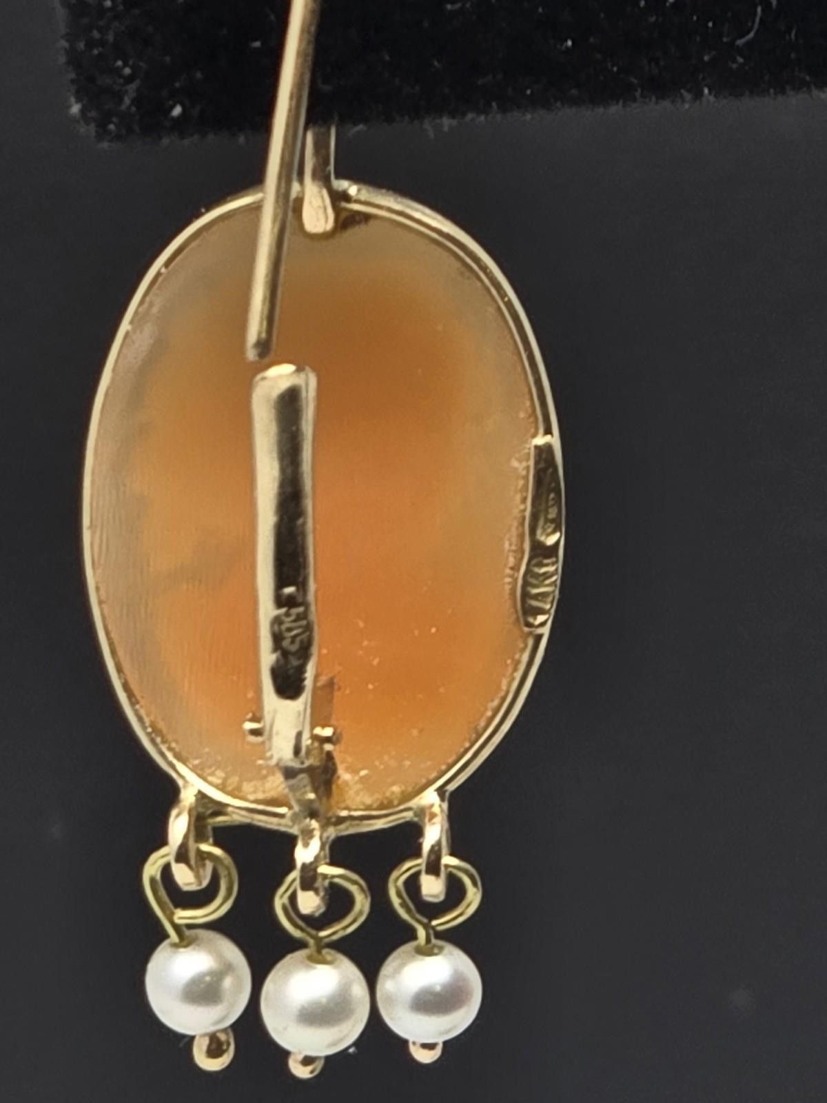 Camel Vintage 14k Gold Shell Cameo Earrings Pearl Dangle Size ONE SIZE - 3 Thumbnail