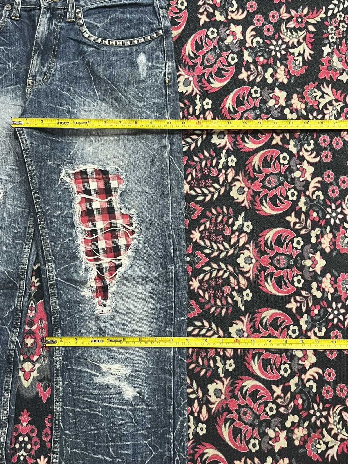 Hysteric Glamour Japanese Brand Tartan Patches Pocket Studded Crack Blue Jean Size US 31 - 12 Thumbnail