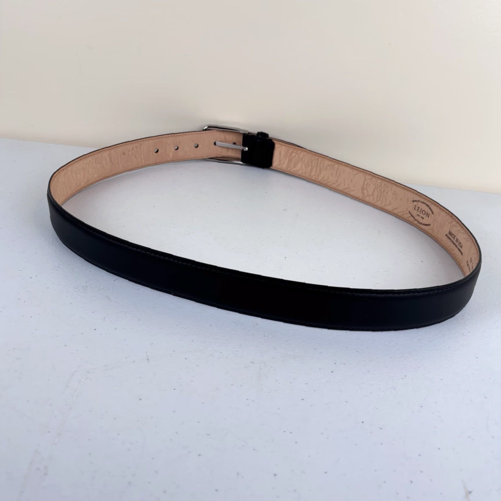 Vintage Lejon Belt Mens 40 Black Leather USA Oil Tanned Harness Buckle Silver Dress Belt Men Size 40 - 4 Thumbnail
