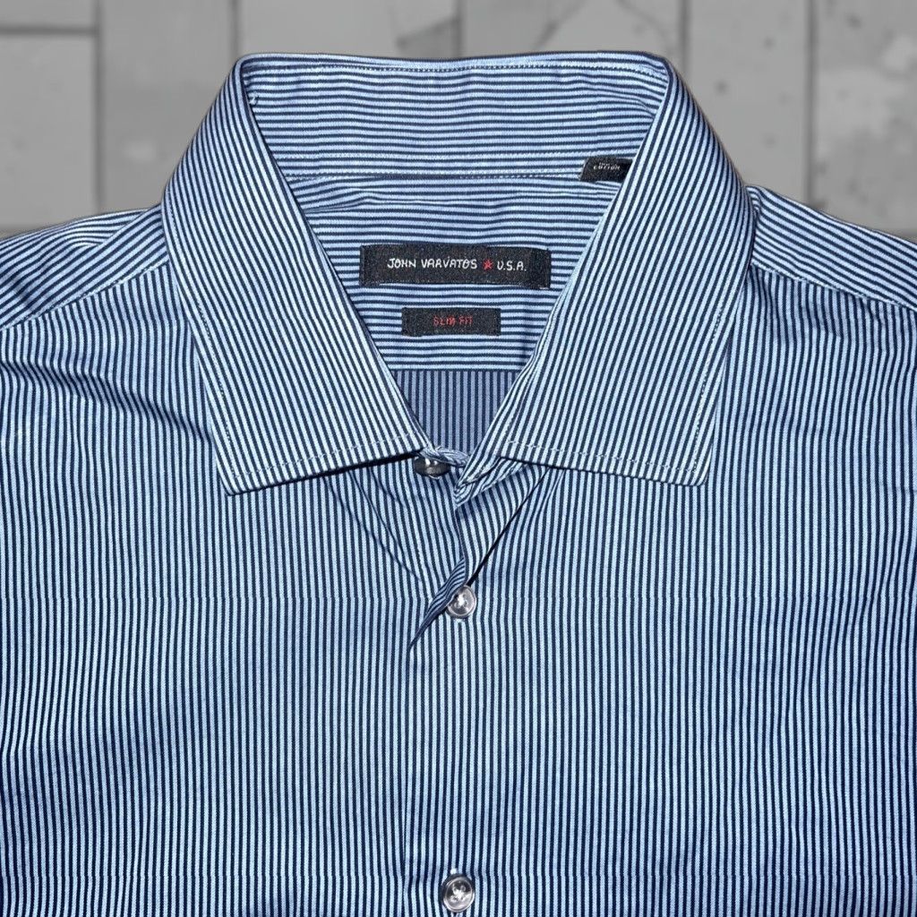 John Varvatos John Varvatos Shirt Dress Shirt Slim Fit Striped Blue Mens Size 16 M Regular Men - John Varvatos Slimming Flagship? Size US M / EU 48-50 / 2 - 1 Thumbnail