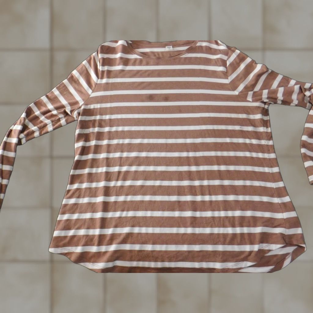 Old Navy Old Navy Blouse Womens XL Brown Luxe Striped Knit Rayon Round Neck Pullover Casual Long Sleeve Button Size XL / US 12-14 / IT 48-50 - 1 Thumbnail