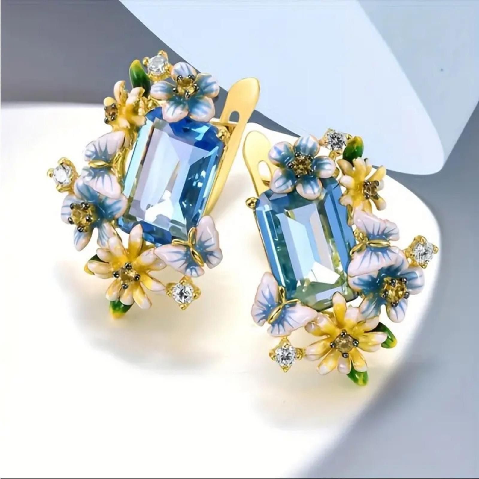 Designer Elegant Blue and Gold Floral Earrings Size ONE SIZE - 2 Thumbnail