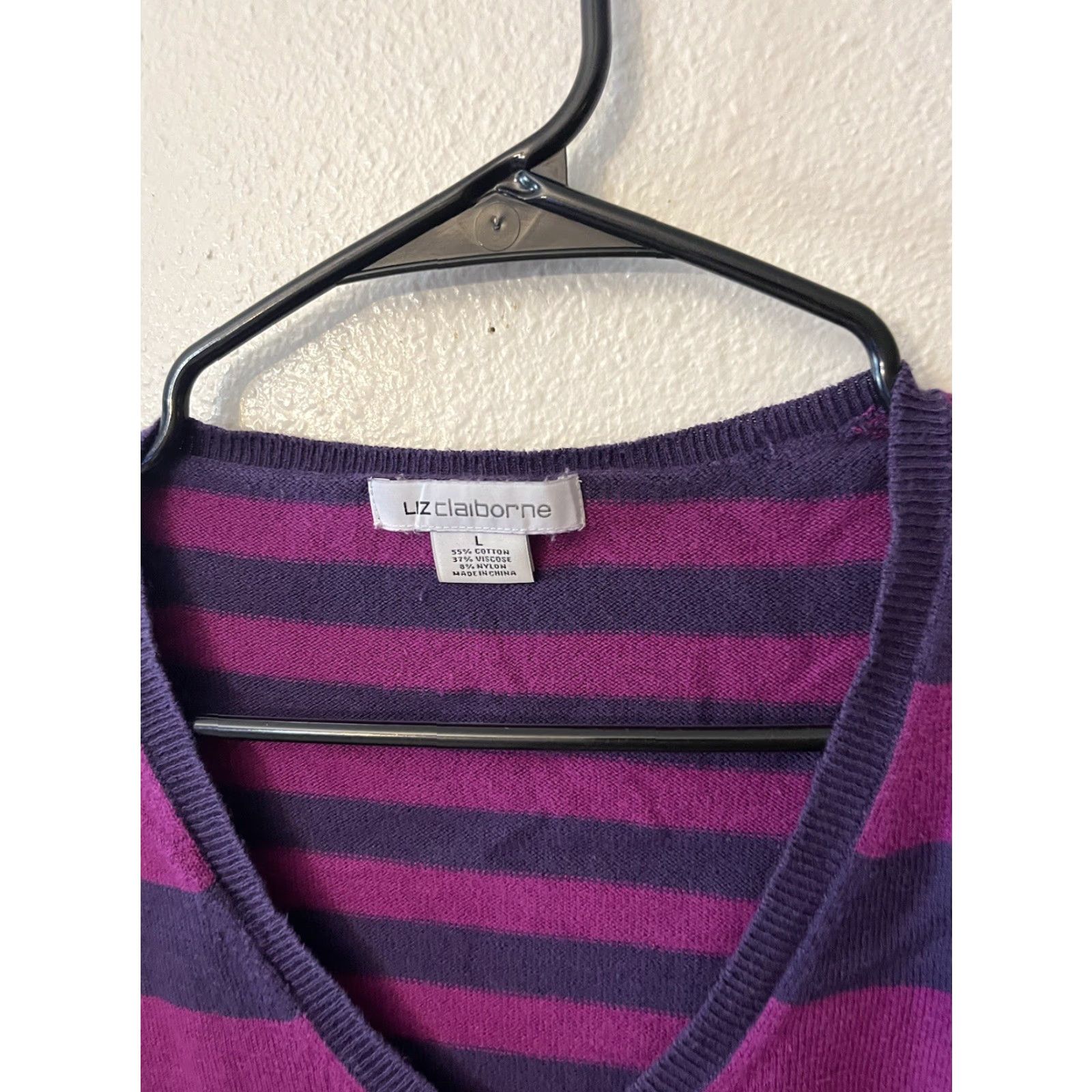 Liz Claiborne VINTAGE Liz Claiborne Women's Sweater Long Sleeve V-Neck Striped Pullover Size L Purple Cotton Viscose Size L / US 10 / IT 46 - 2 Thumbnail