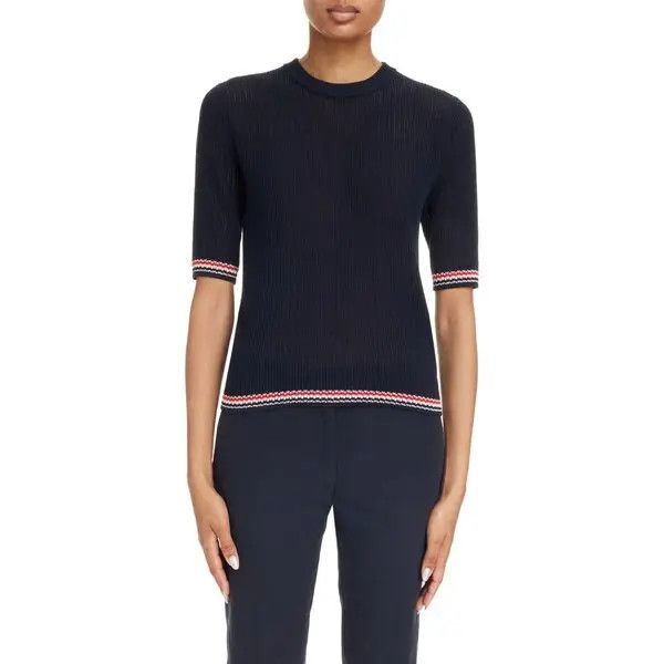 Thom Browne o1s22i1n0924 Pointelle-Knit T-Shirt in Navy Blue Size M / US 6-8 / IT 42-44 - 1 Thumbnail