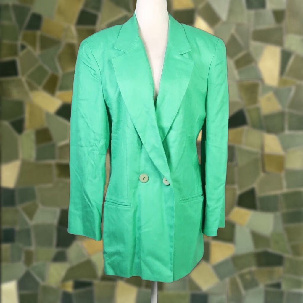 Bill Blass VINTAGE Bill Blass Green Rayon Double-Breasted Blazer Jacket Womens 12 Blazer Green Rayon 80s Womens Brown? Size XL / US 12-14 / IT 48-50 - 1 Thumbnail