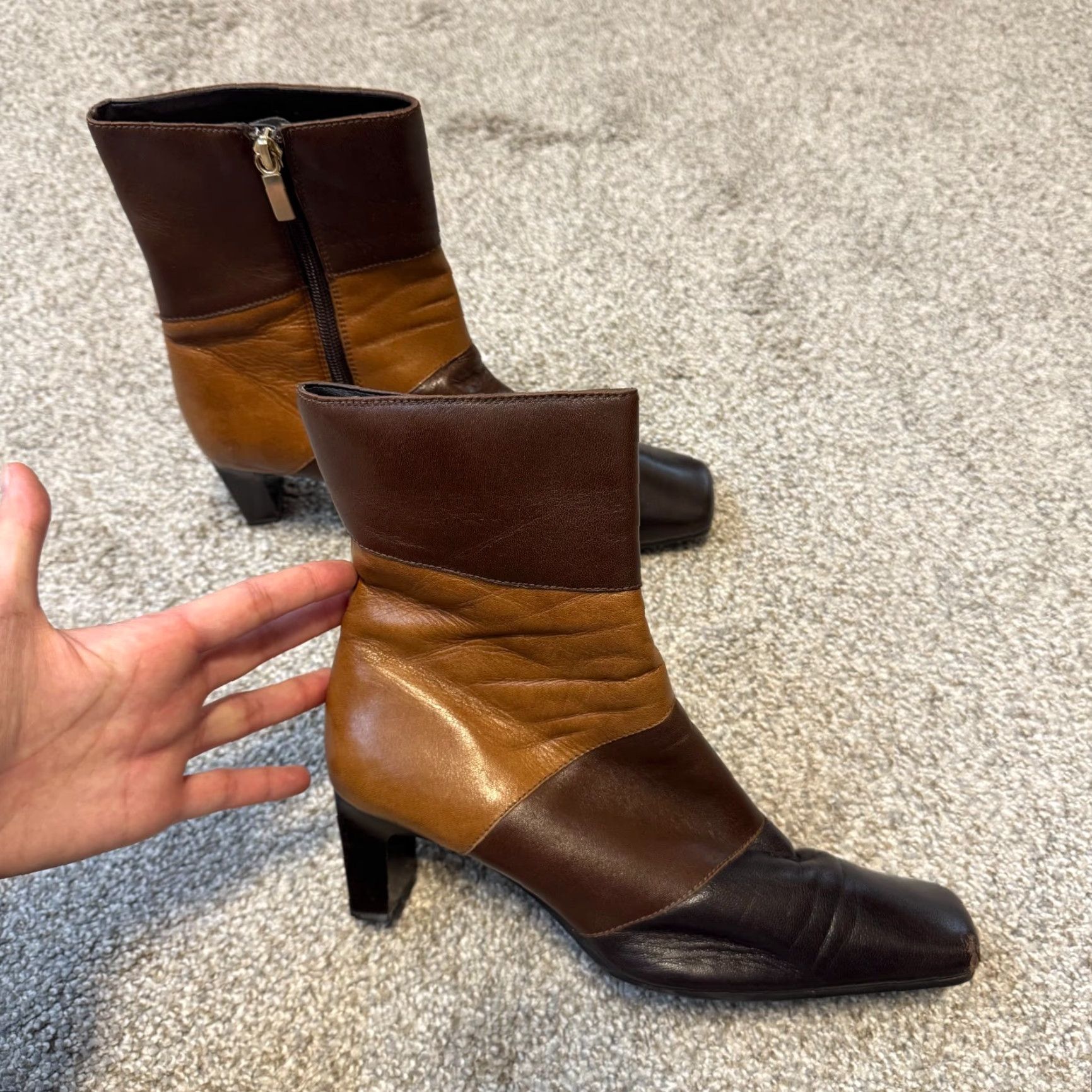 Vintage Y2K Vintage Leather Square Toe Ankle Boots 8 Brown Patchwork 70s Block Heel Size US 8 / IT 38 - 6 Thumbnail