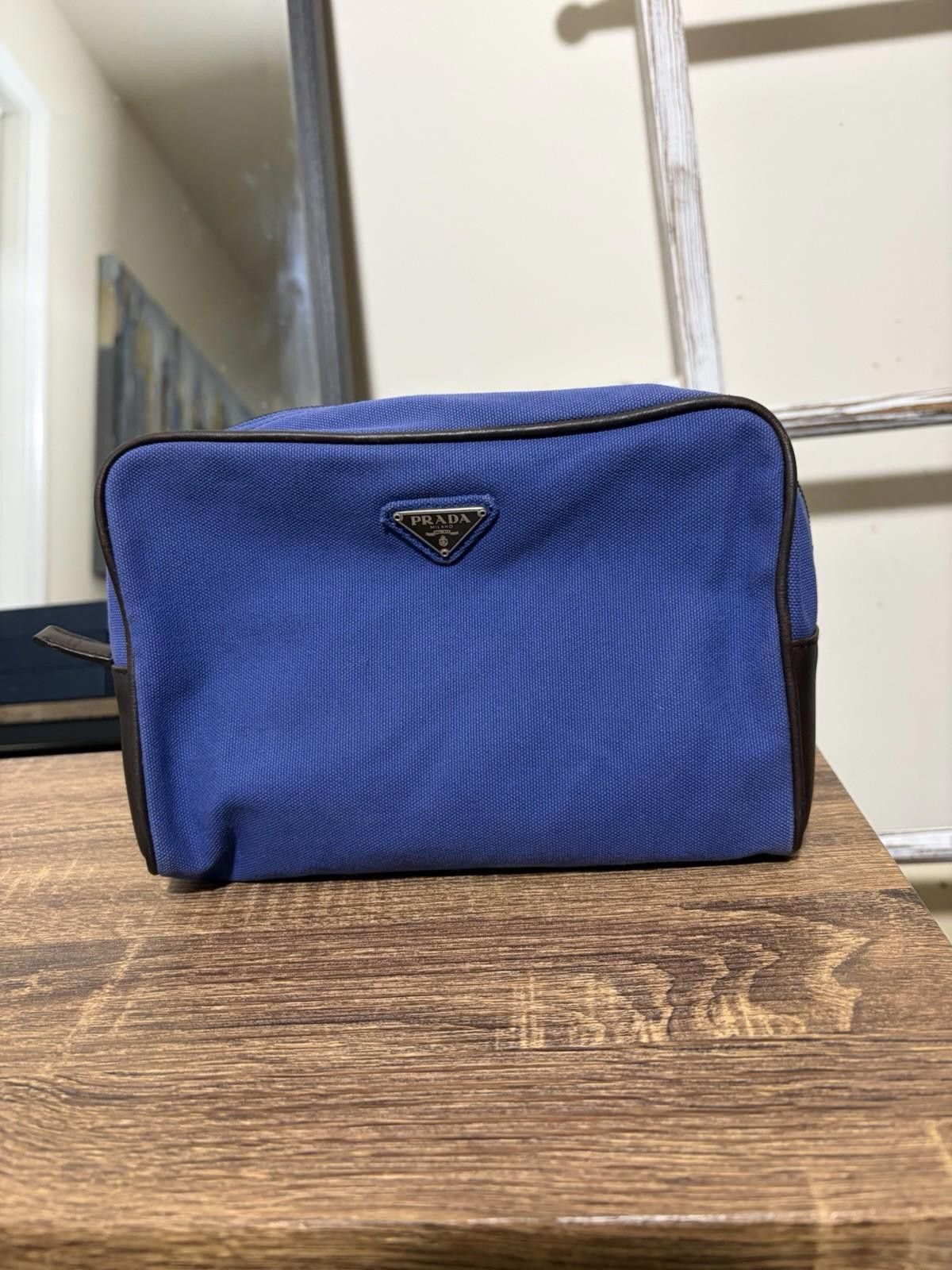 Prada Prada Blue Canvas Brown Leather Logo-Lined Clutch Pouch Bag Size ONE SIZE - 3 Thumbnail