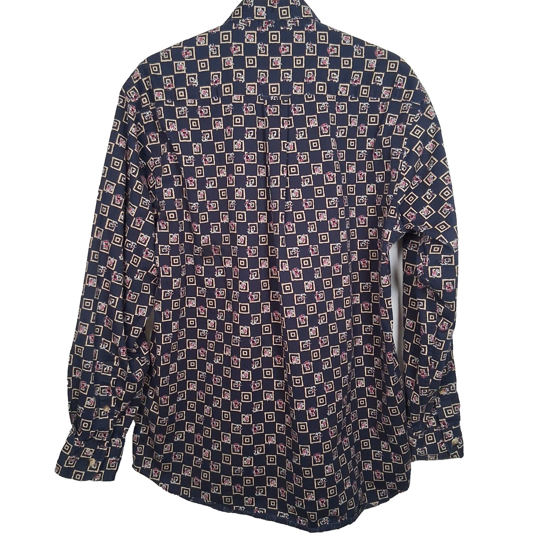 Nautica VINTAGE Nautica Button-Down Shirt Geometric Pattern, Blue, Cotton, Long Sleeve, Mens M, 1990s, Nautical Sailboat Theme Size US M / EU 48-50 / 2 - 4 Thumbnail