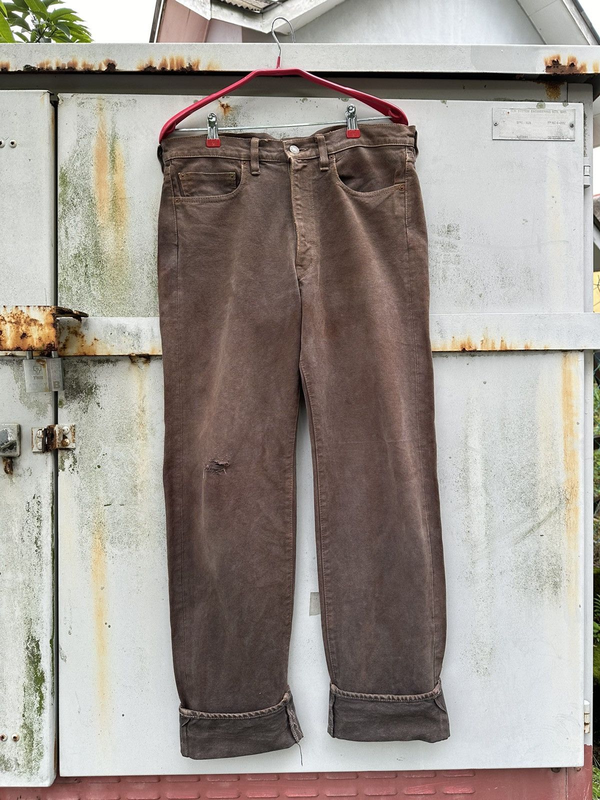 Vintage 👹Vintage THRASHED Bartack Brown Denim Size US 31 - 6 Thumbnail