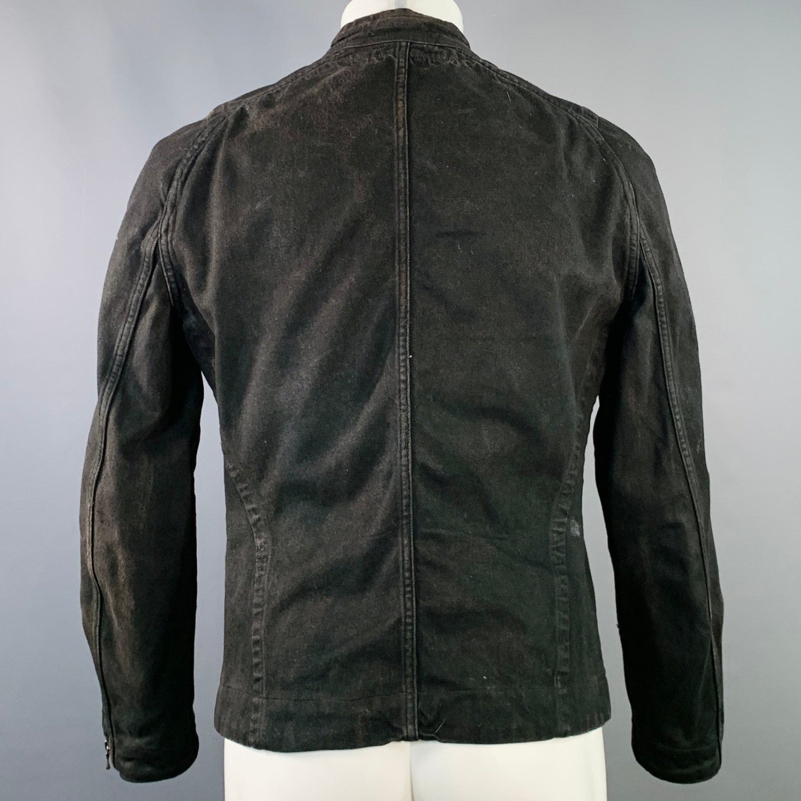 JULIUS_7 Size S Black Distressed Cotton Fitted Zip Up Jacket