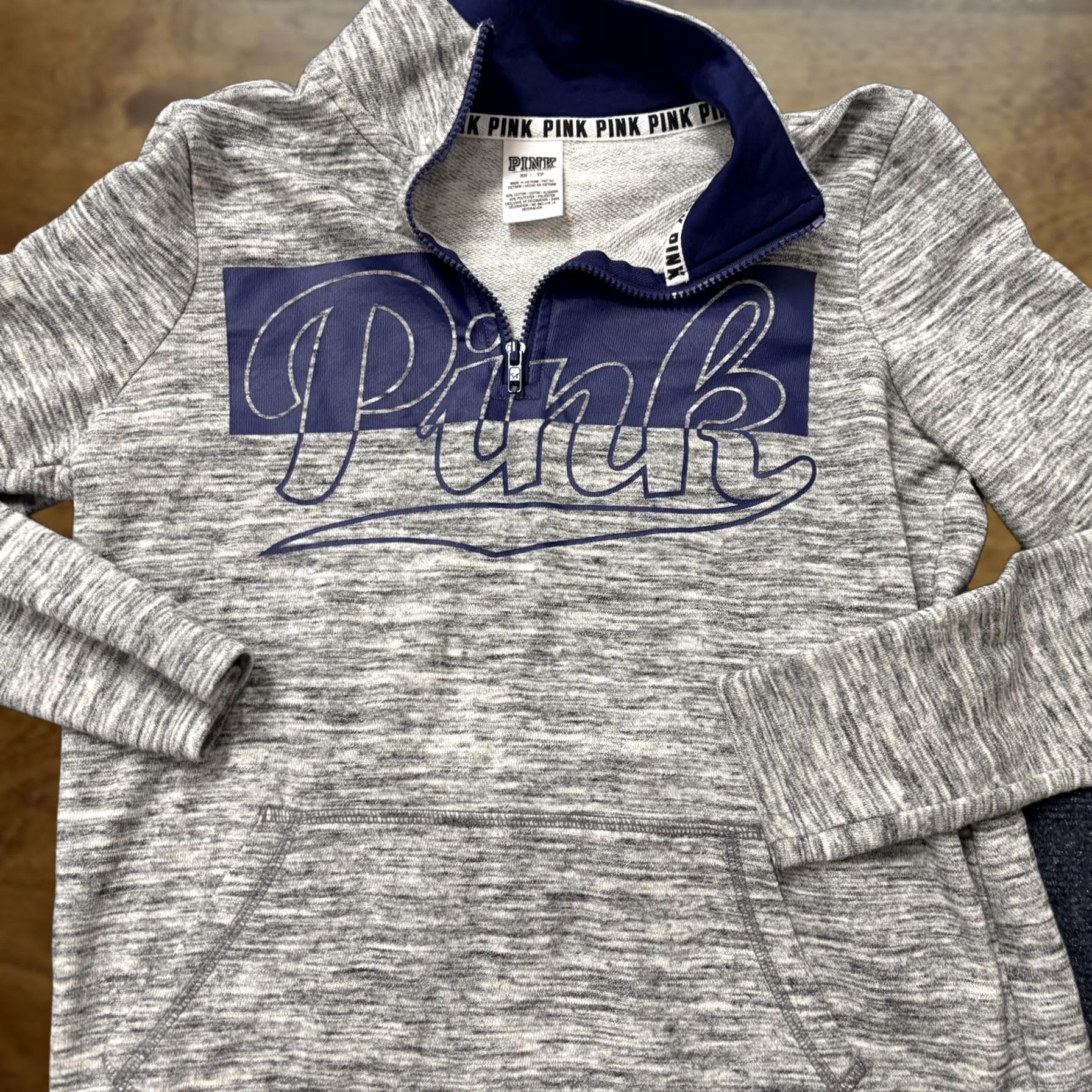 Pinko Victoria's Secret PINK Sweatshirt Womens XS Gray Script Logo 1/4 Zip Pullover Size XS / US 0-2 / IT 36-38 - 1 Thumbnail