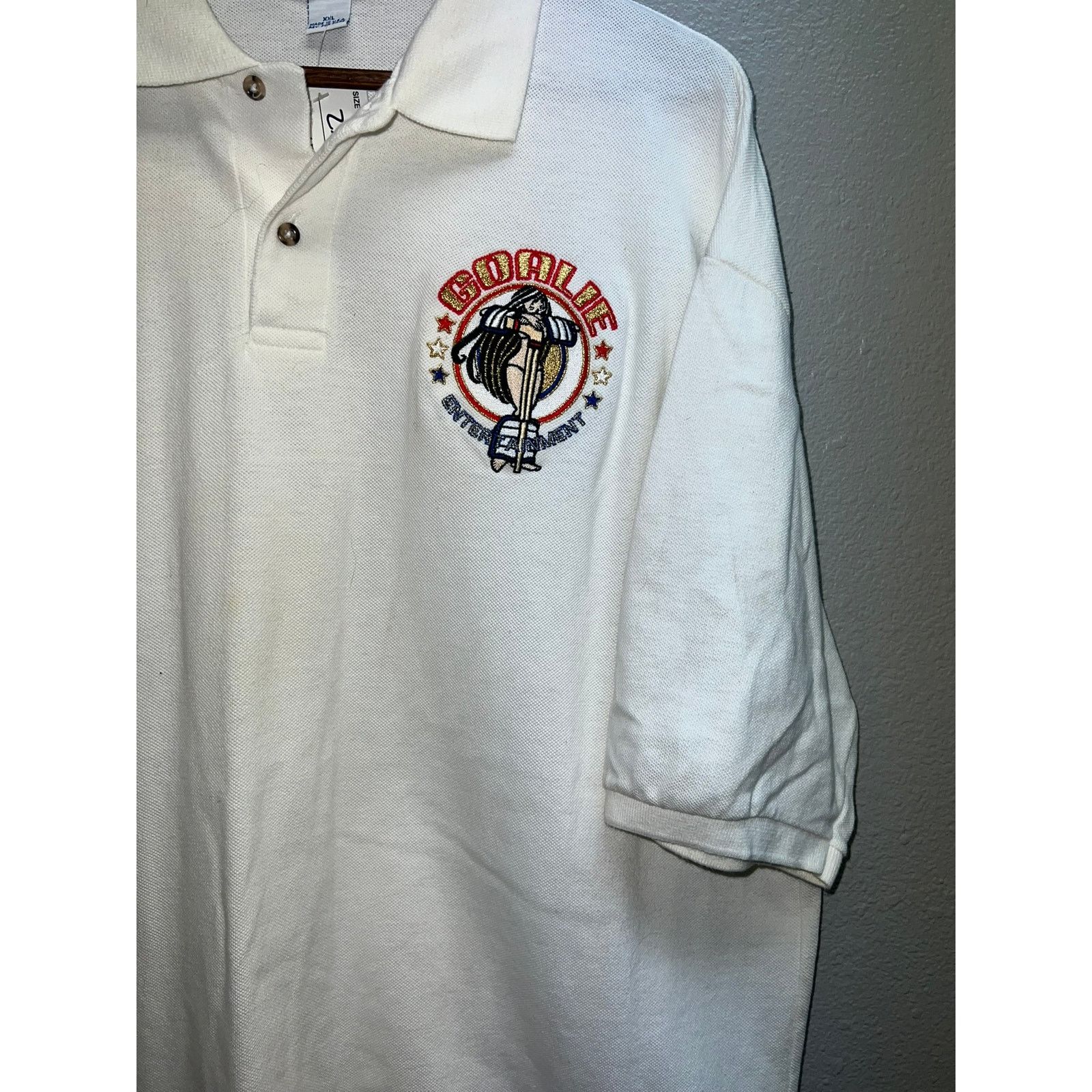 Jerzees Vintage Goalie Entertainment Polo Shirt White Top VTG 90s 2X Size US XXL / EU 58 / 5 - 5 Thumbnail